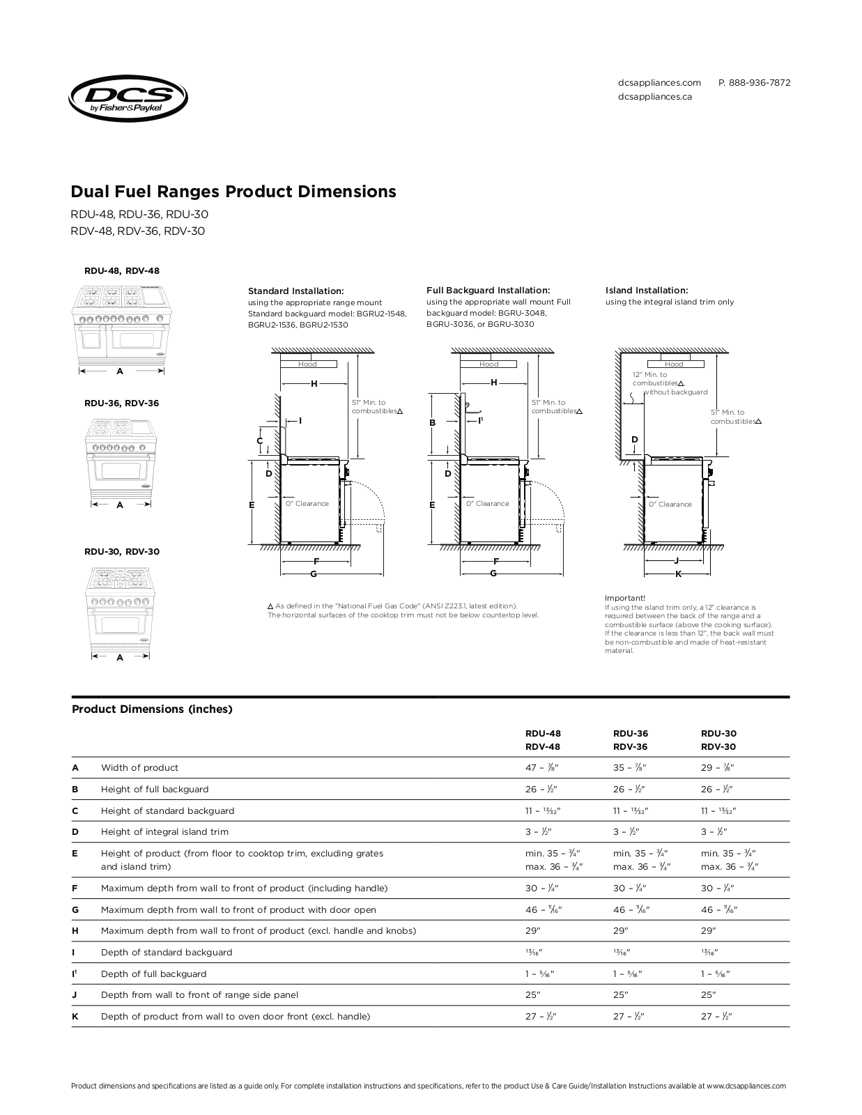 DCS RDV486GDL, RDU364GDL, RDV364GDL, RDV485GDN, RDV364GLN Specification Sheet