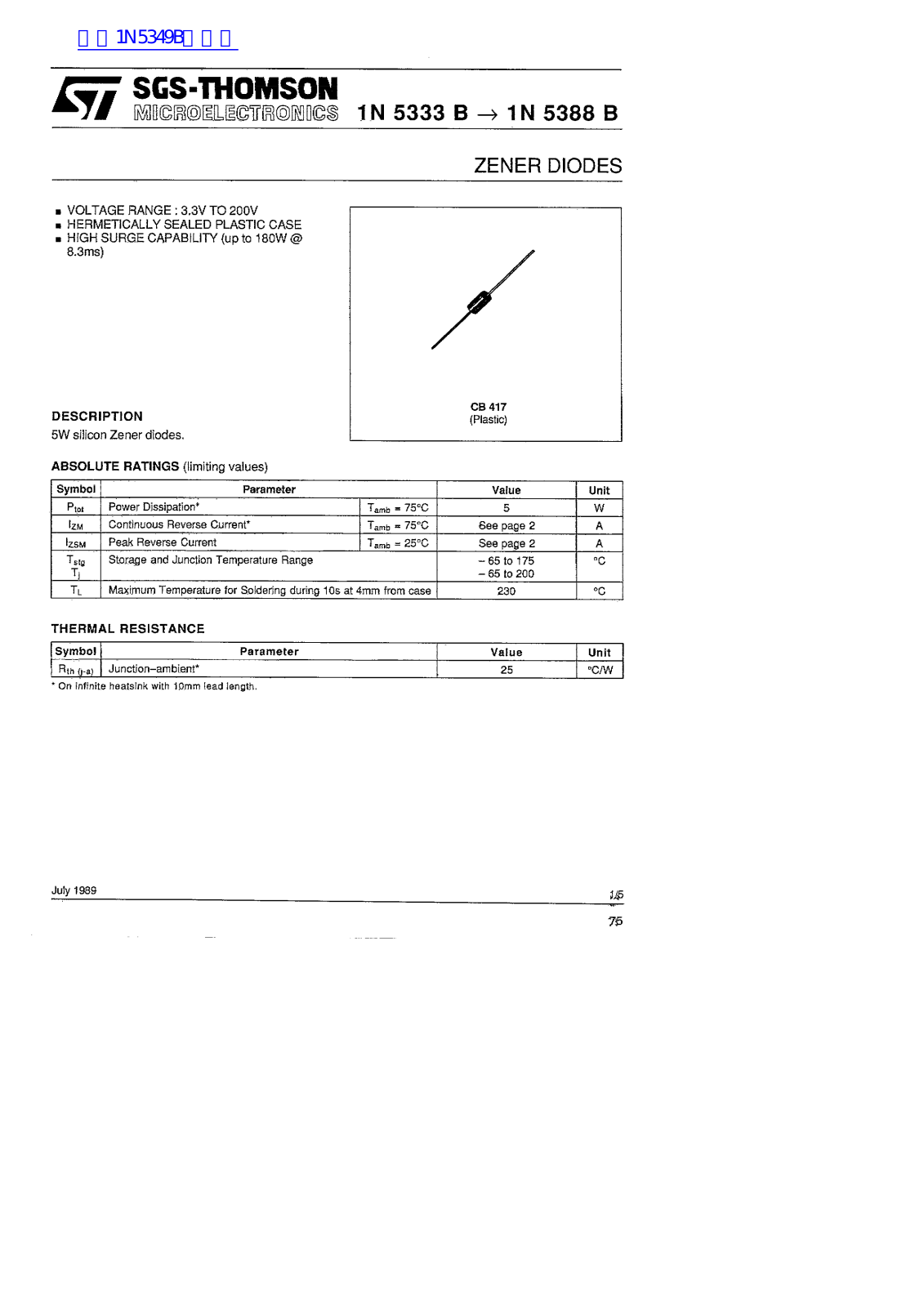 ST 1N 5333 B, 1N 5388 B User Manual