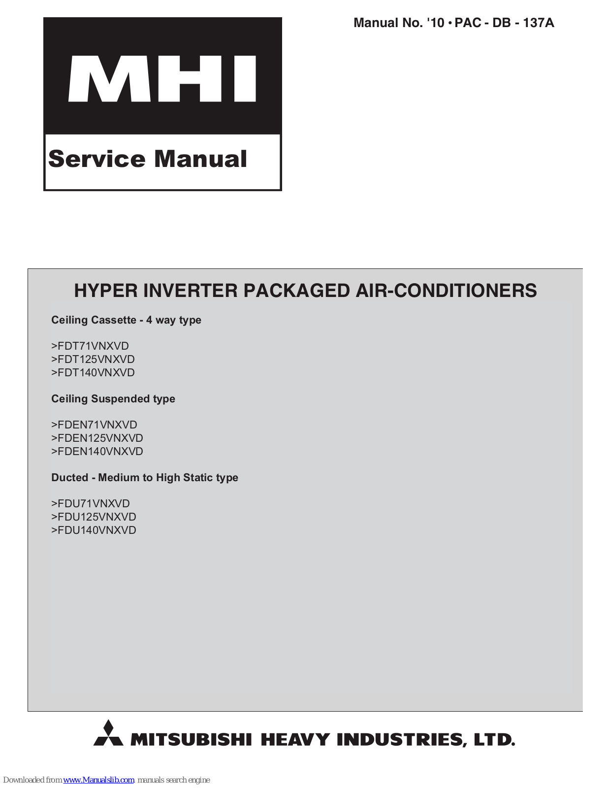 Mitsubishi Heavy Industries FDT71VNXVD, FDT125VNXVD, FDEN125VNXVD, FDEN140VNXVD, FDU71VNXVD Service Manual