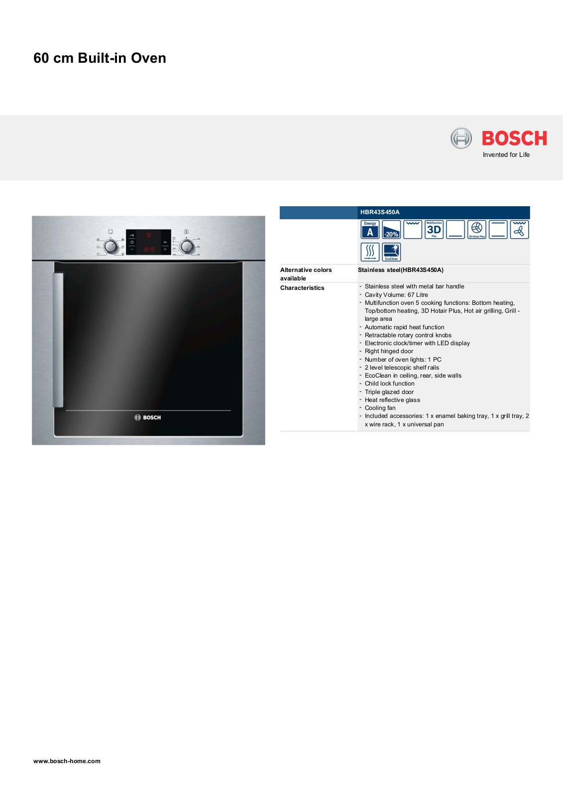 Bosch HBR43S450A Product Sheet