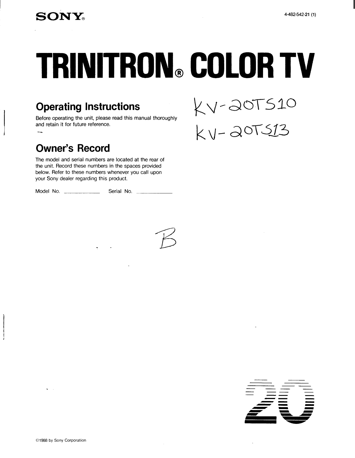 Sony KV-20TS10, KV-20TS13 Operating manual