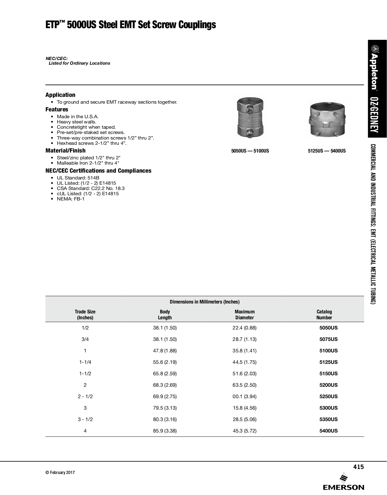 Appleton 5000US Steel EMT Set Screw Couplings Catalog Page