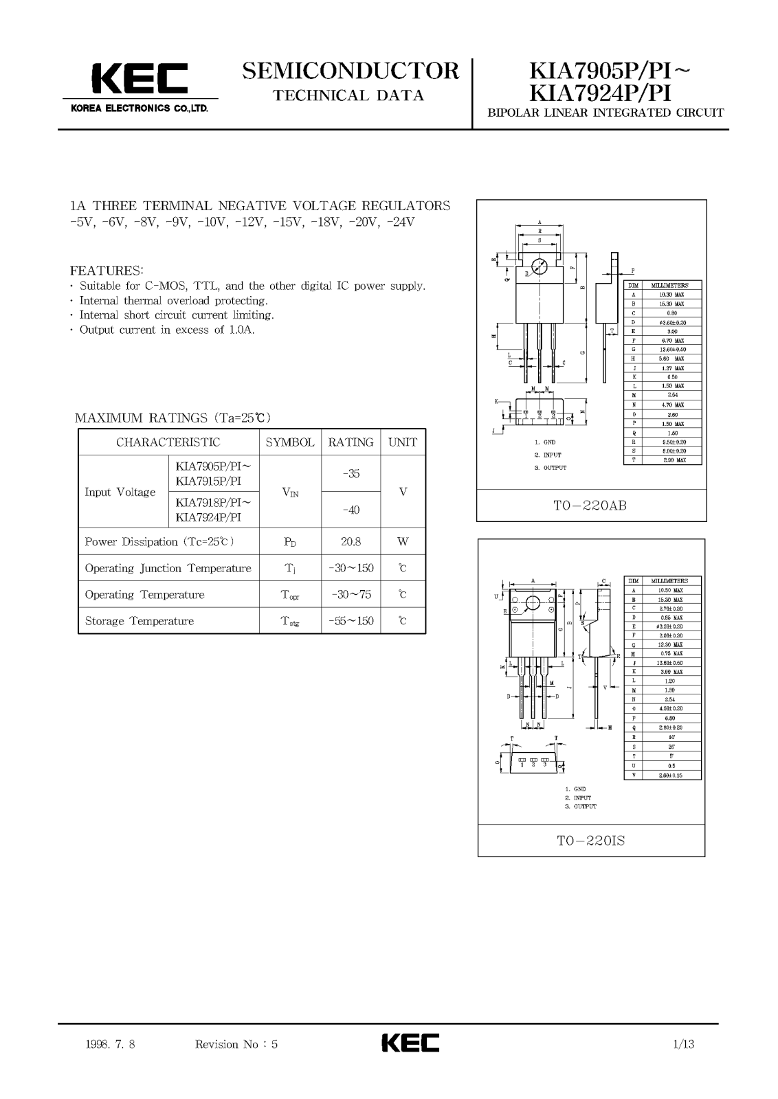 KEC KIA7906P, KIA7905PI, KIA7905P, KIA7915P, KIA7912PI Datasheet