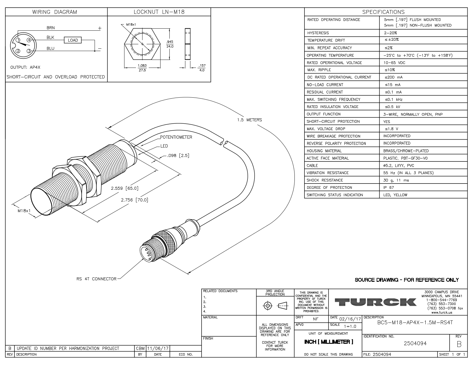 Turck BC5-M18-AP4X-1.5-RS4T Data Sheet