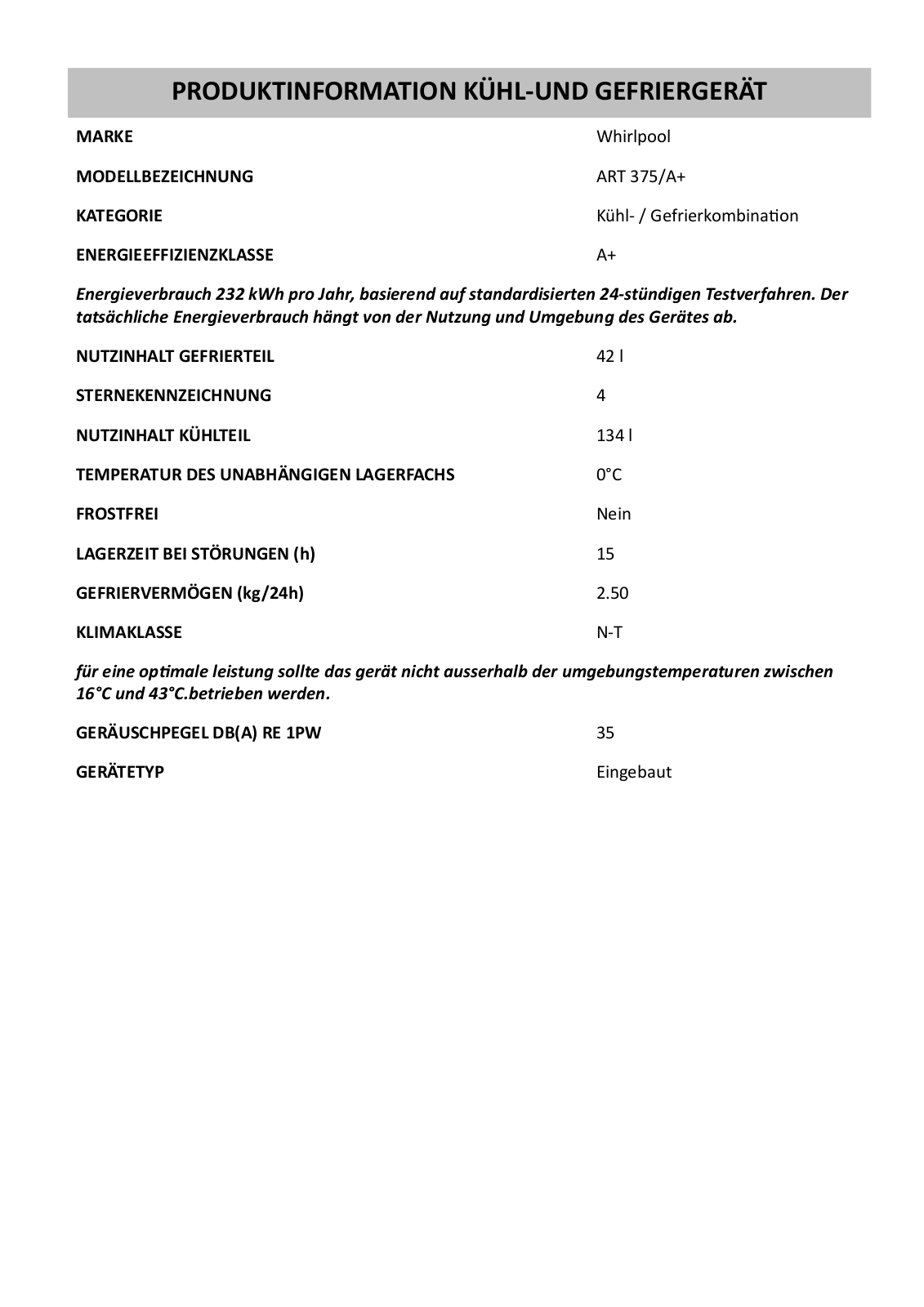 Whirlpool ART 375-A+ User Manual