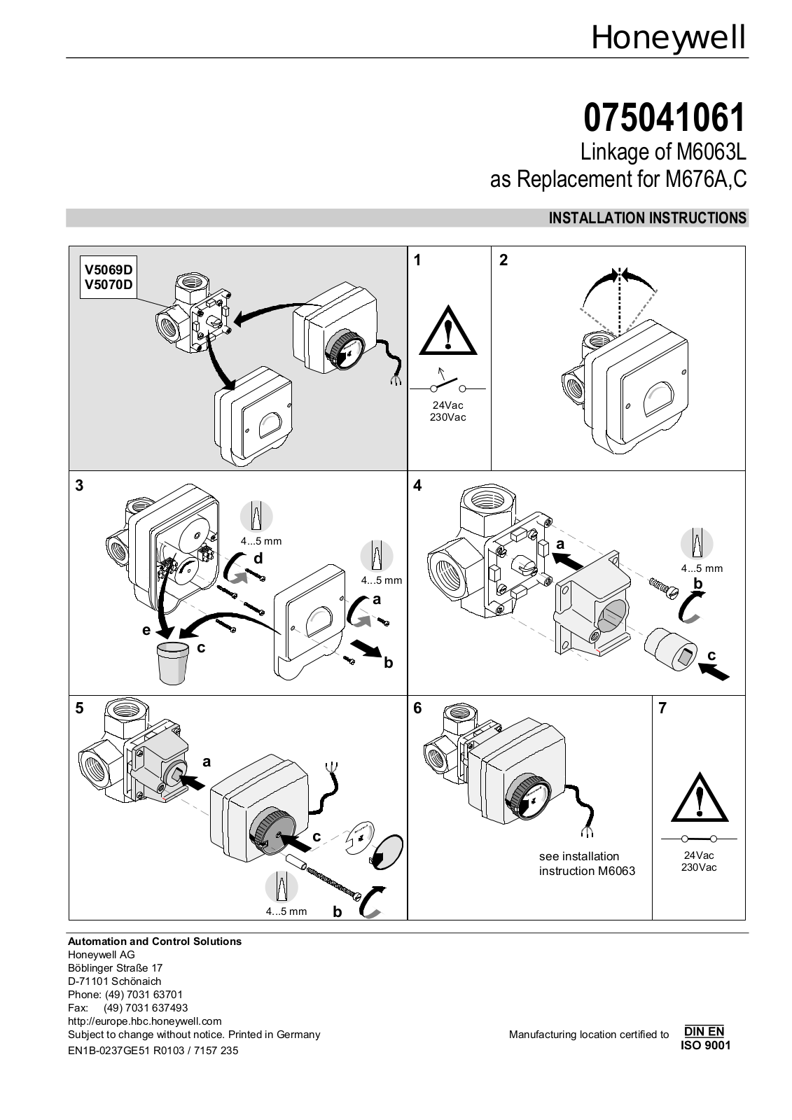 Honeywell 075041061 INSTALLATION INSTRUCTIONS