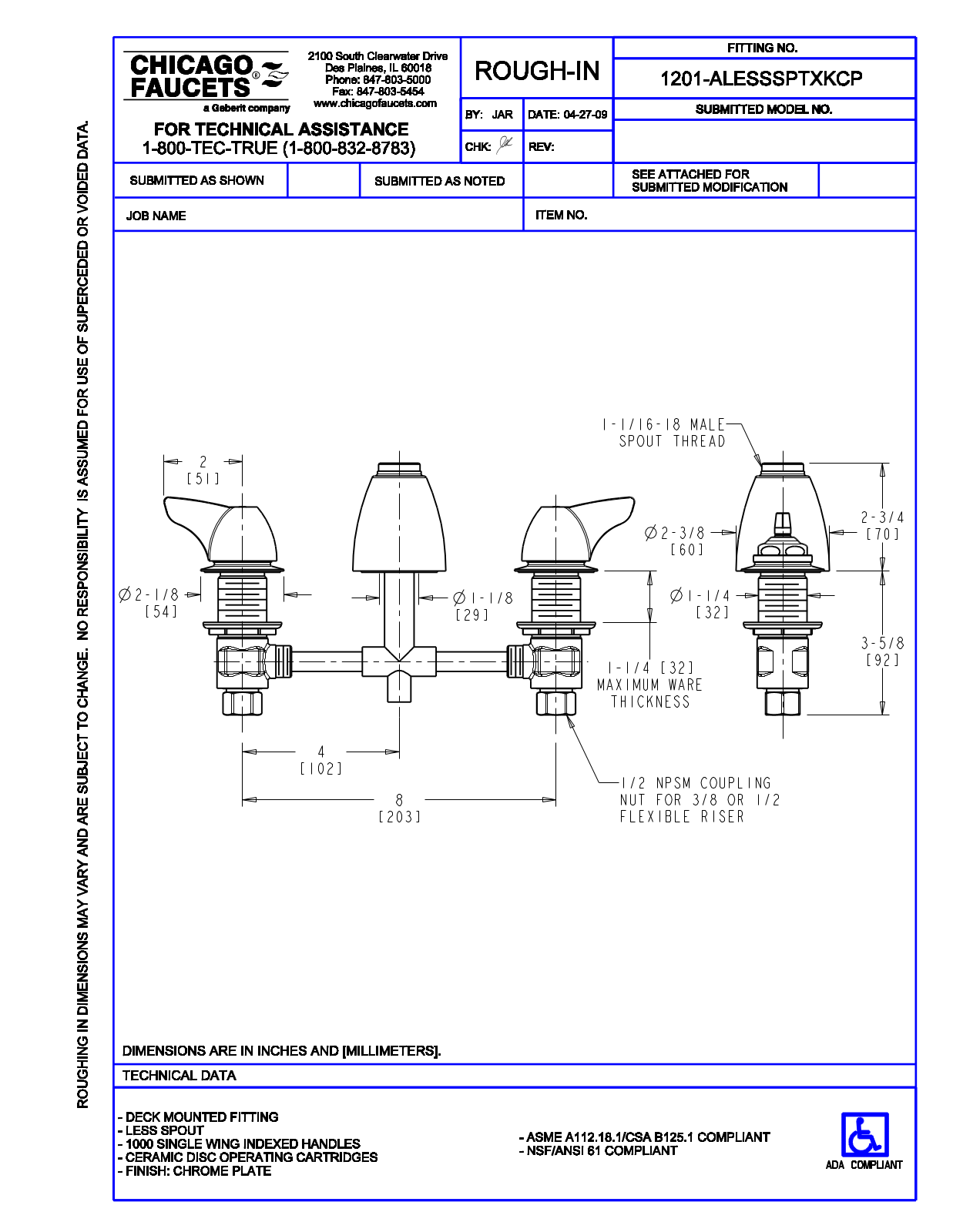 Chicago Faucet 1201-ALESSSPTXK User Manual