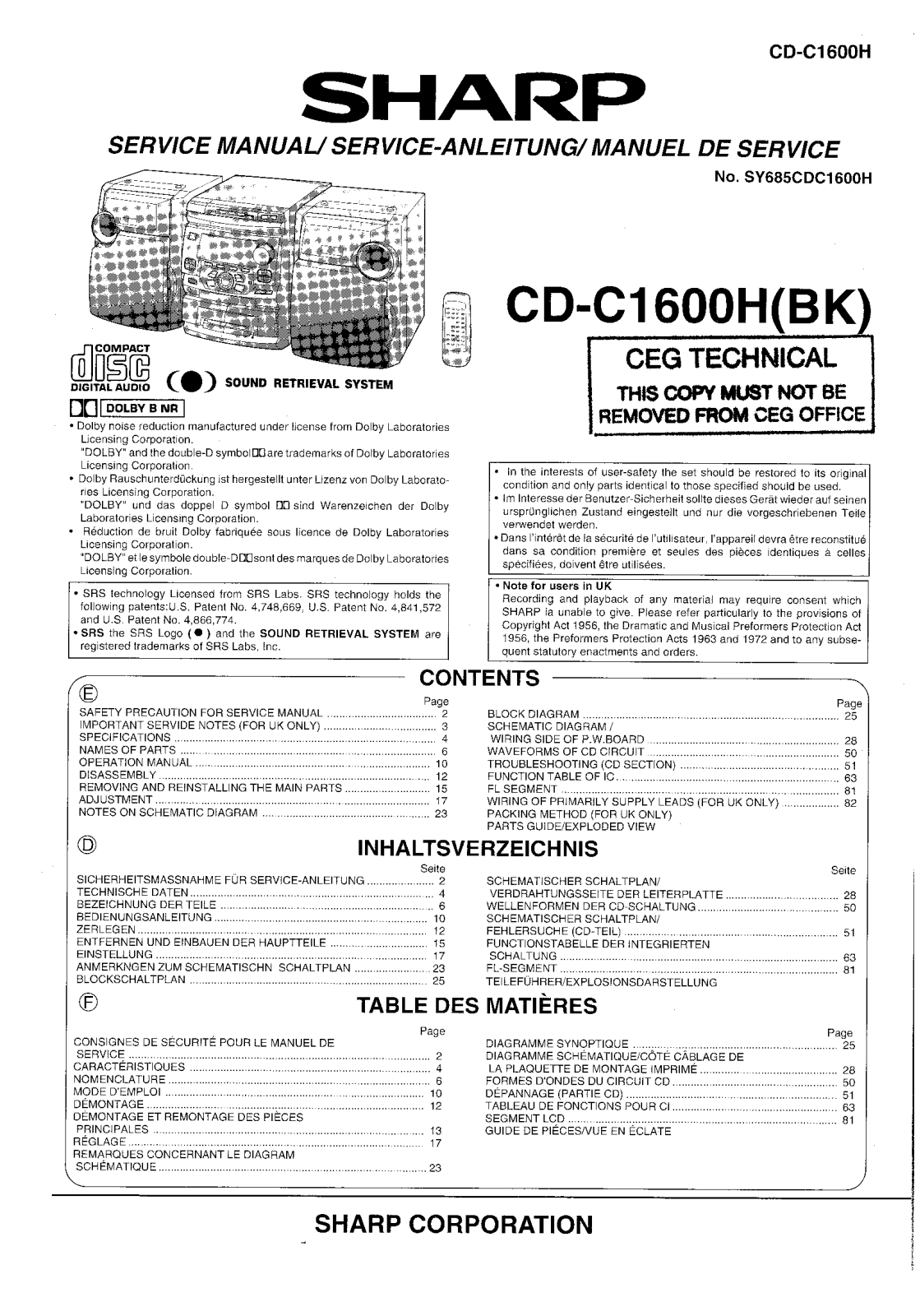 Sharp CDC-1600 Service manual