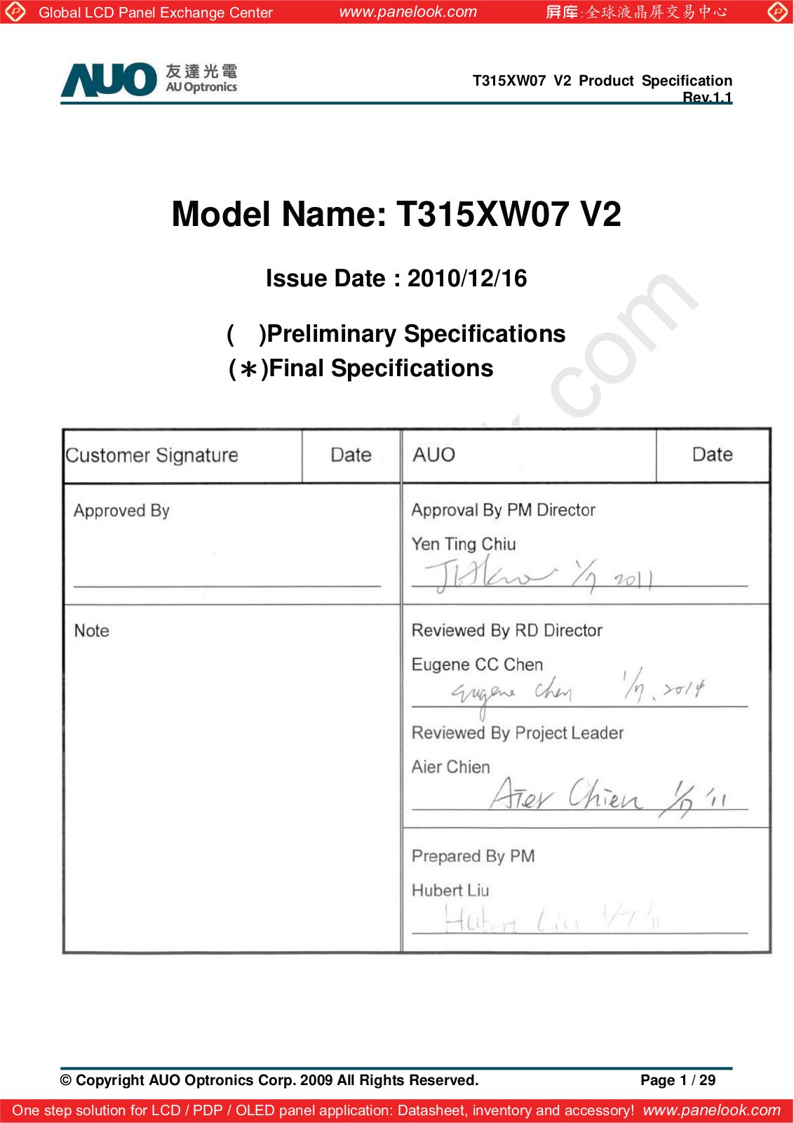 AUO T315XW07 V2 Specification - ManualMachine.com