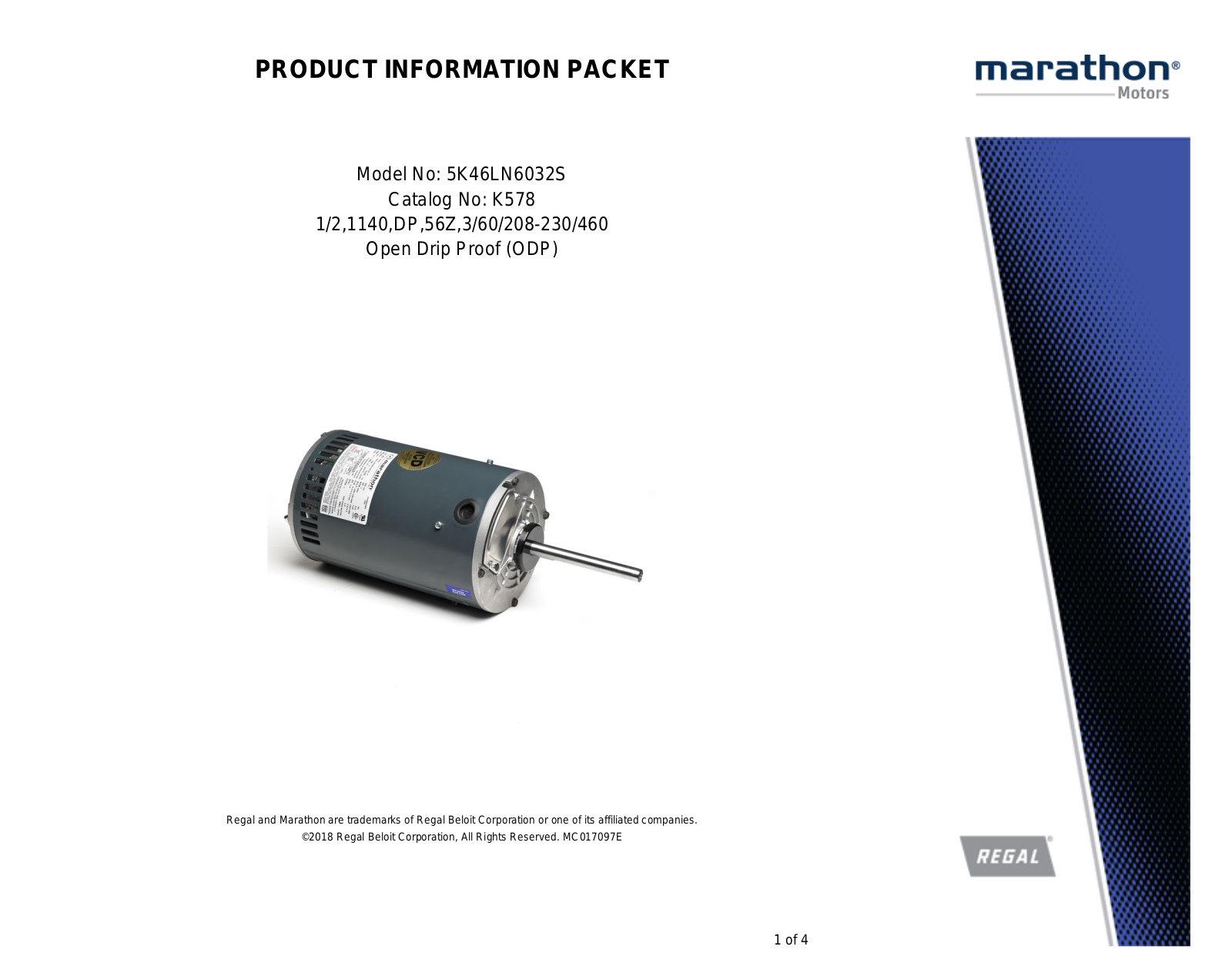 Marathon Electric K578 Product Information Packet