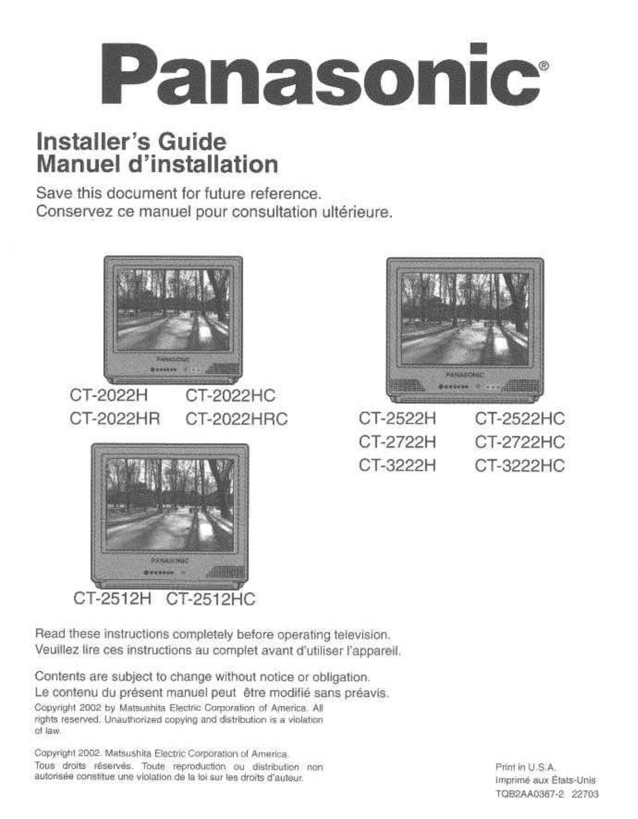 Panasonic CT-2522HE, CT-2022HE User Manual