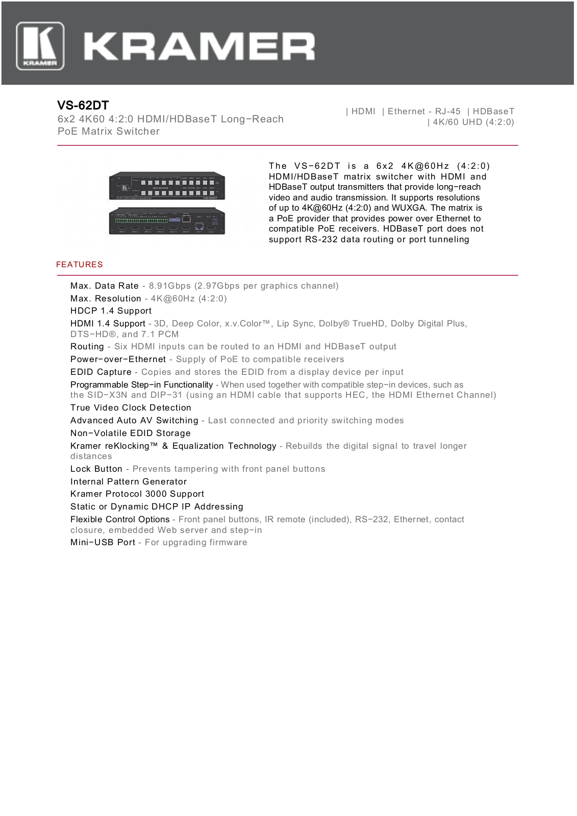 Kramer VS-62DT User Manual