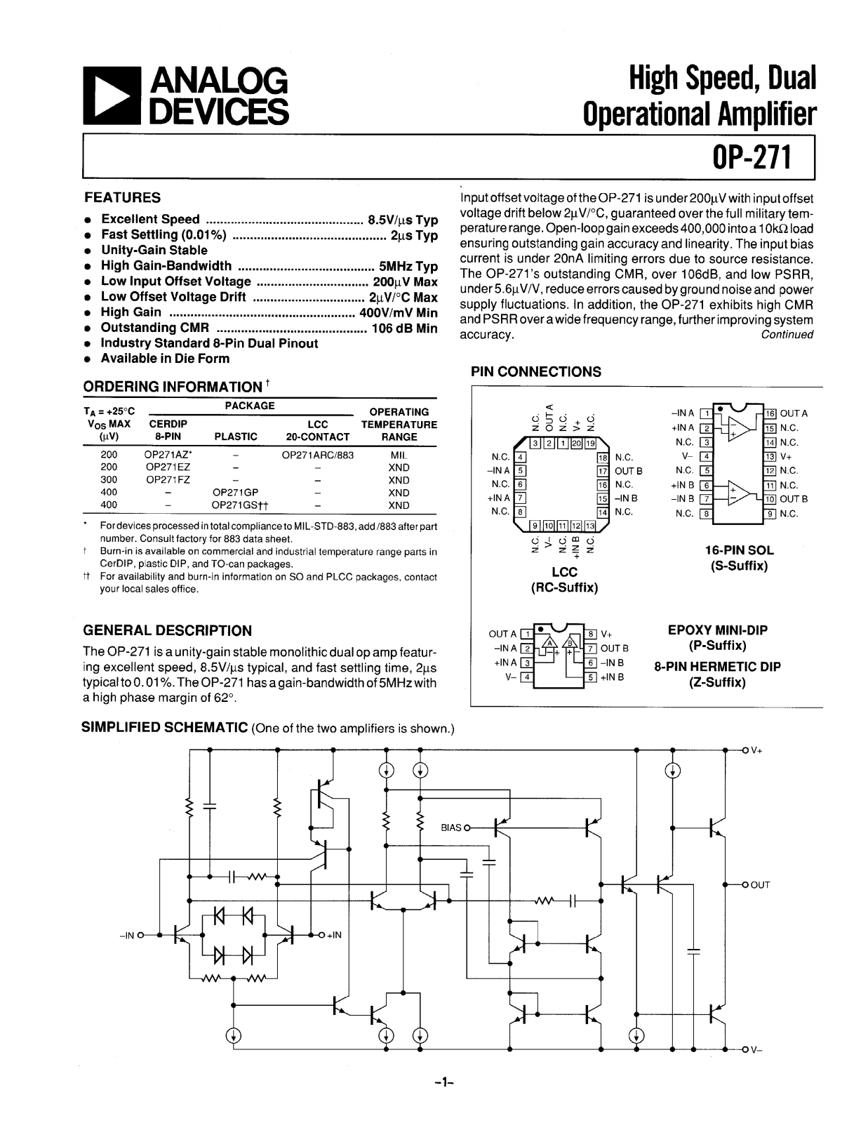 Analog Devices OP271 Datasheet