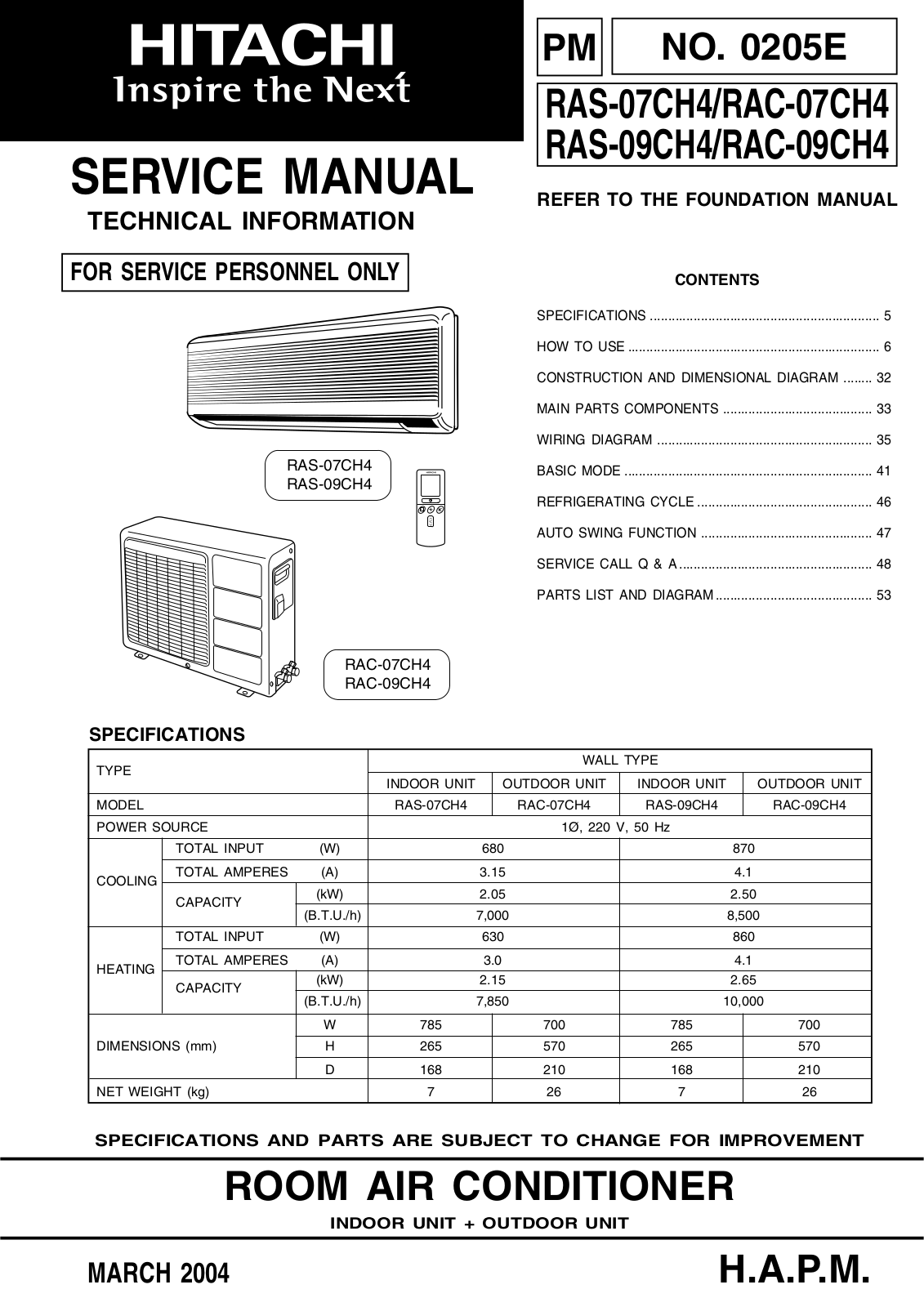 Hitachi RAS-07CH4, RAS-09CH4 Service manual