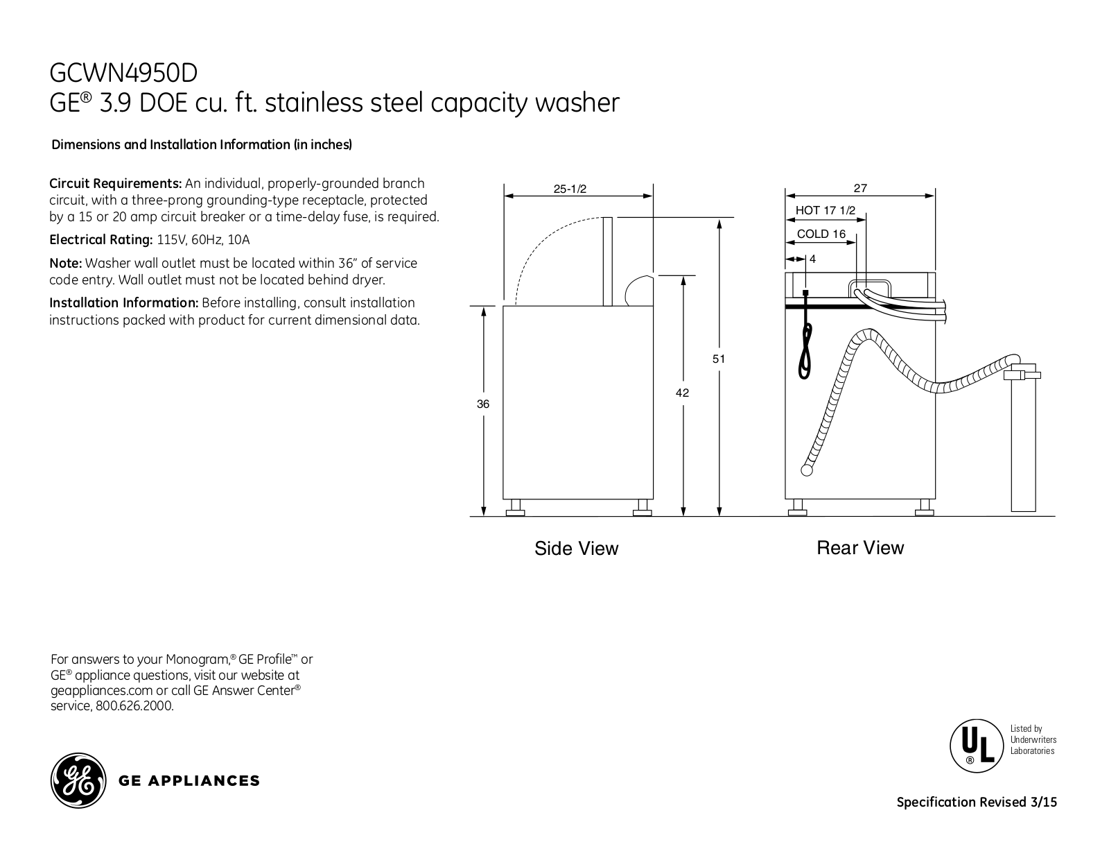 GE GCWN4950D Specification