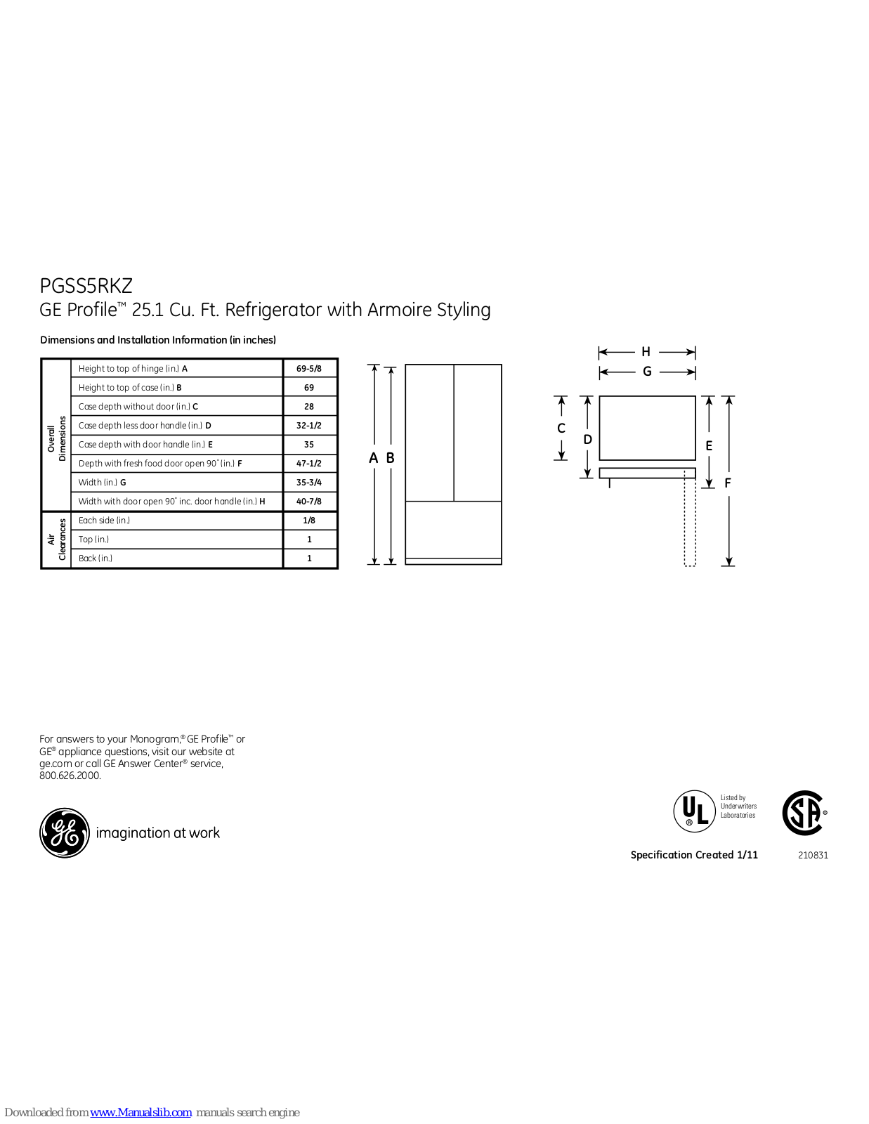 GE PGSS5RKZSS, Profile PGSS5RKZ Dimensions And Installation Information