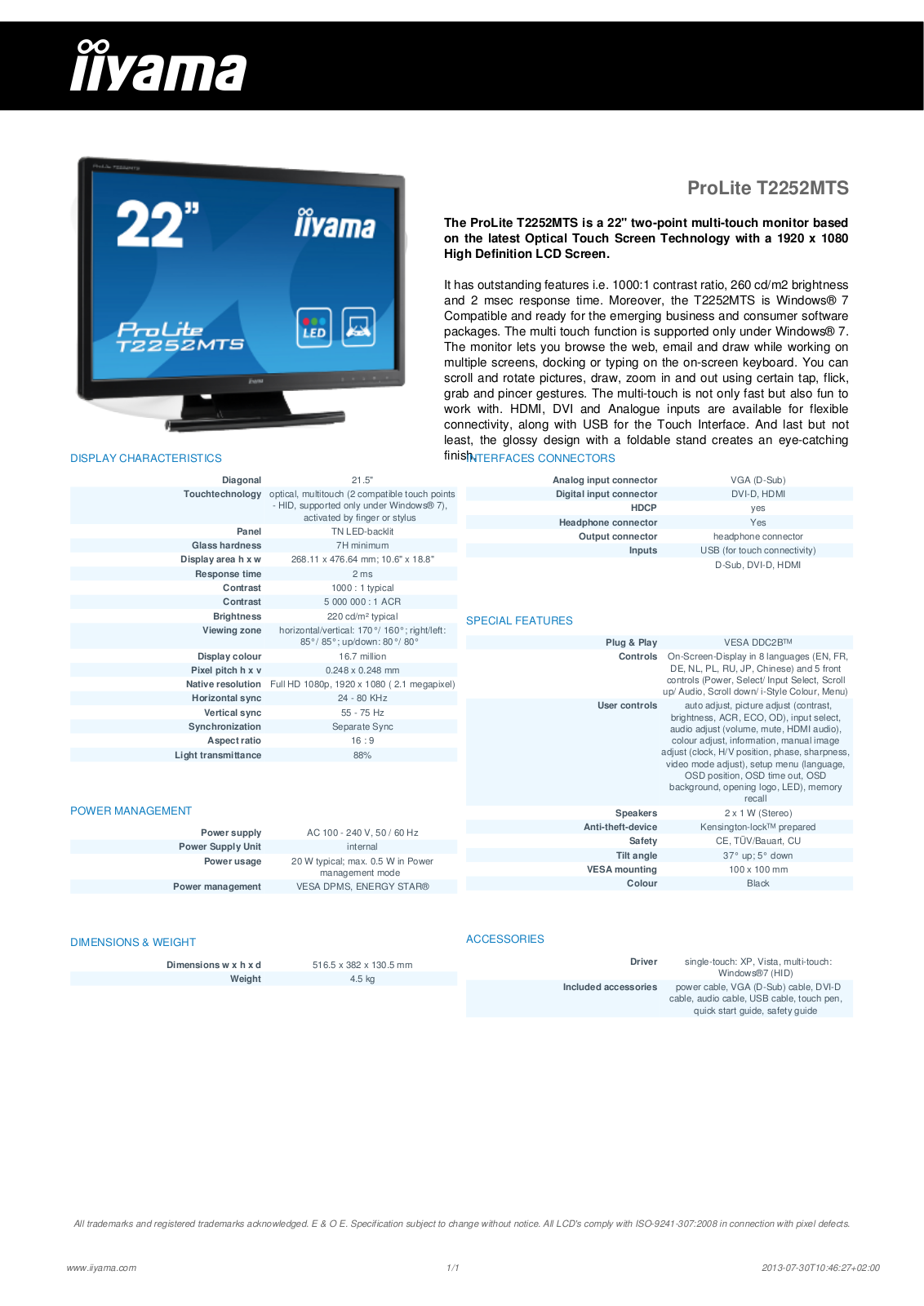 iiyama T2252MTS Reference Guide