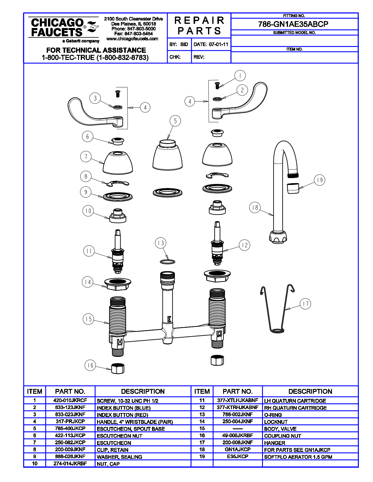 Chicago Faucet 786-GN1AE35ABCP Parts List