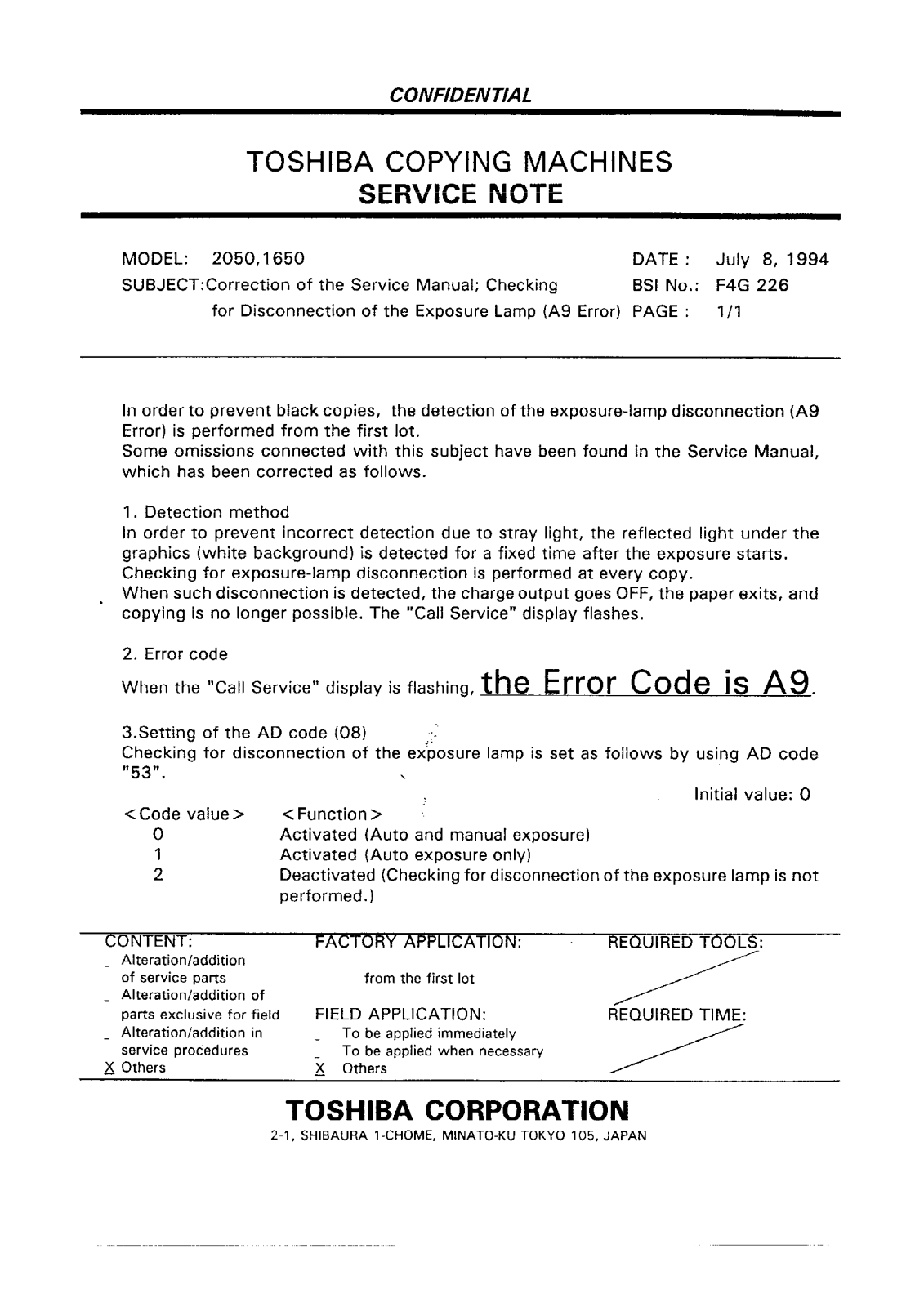 Toshiba f4g226 Service Note