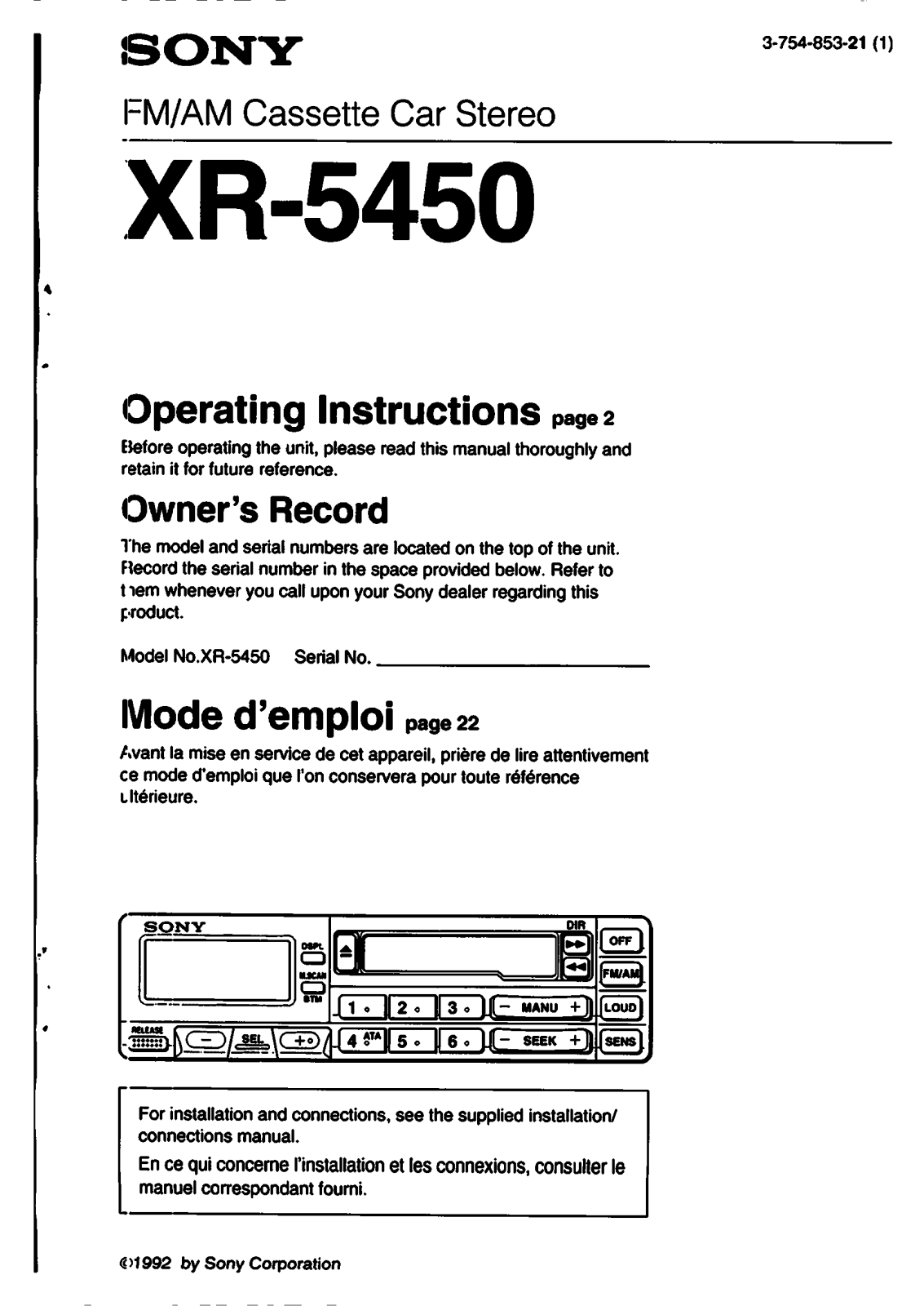 Sony XR-5450 User Manual