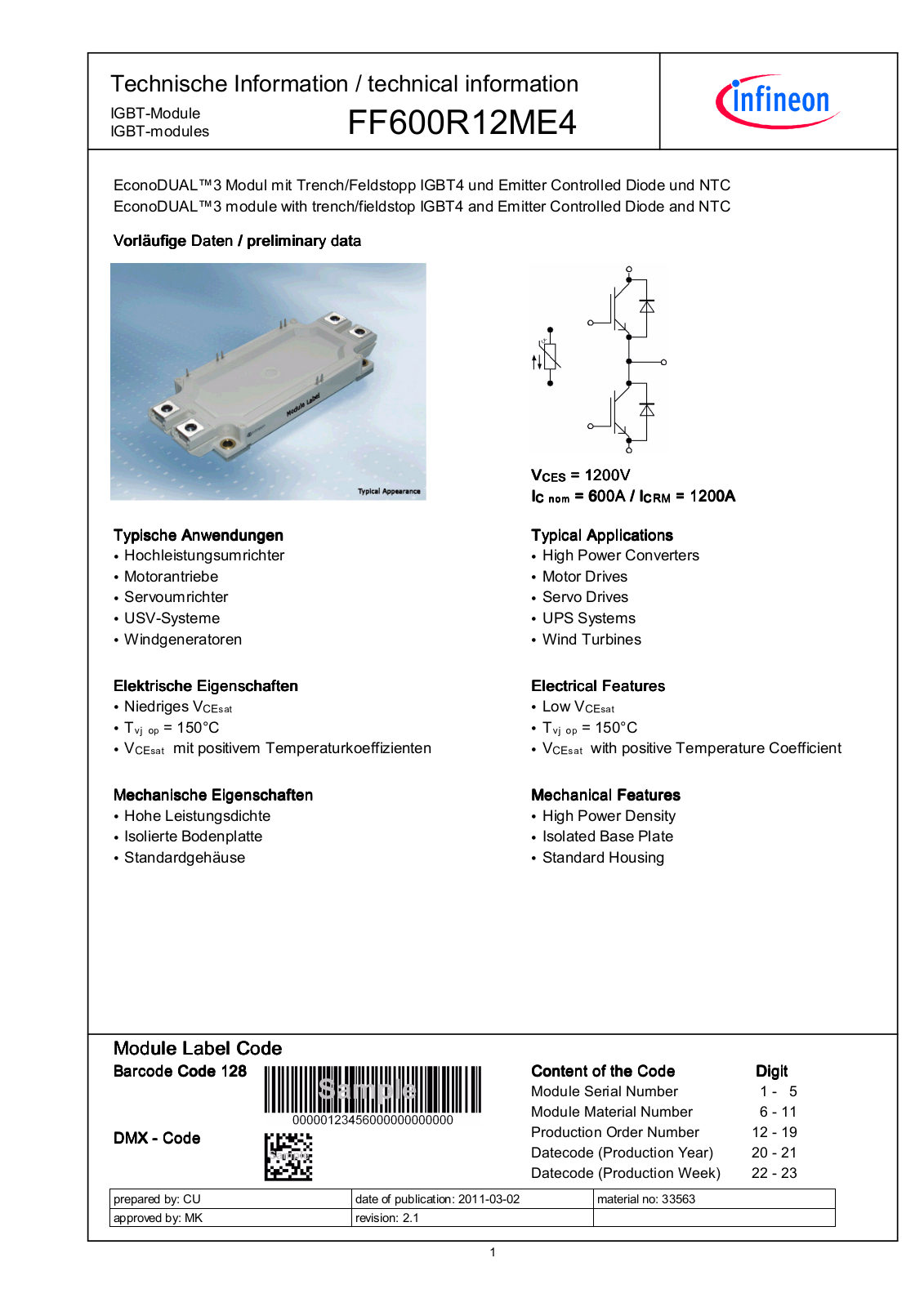 Infineon FF600R12ME4 Data Sheet