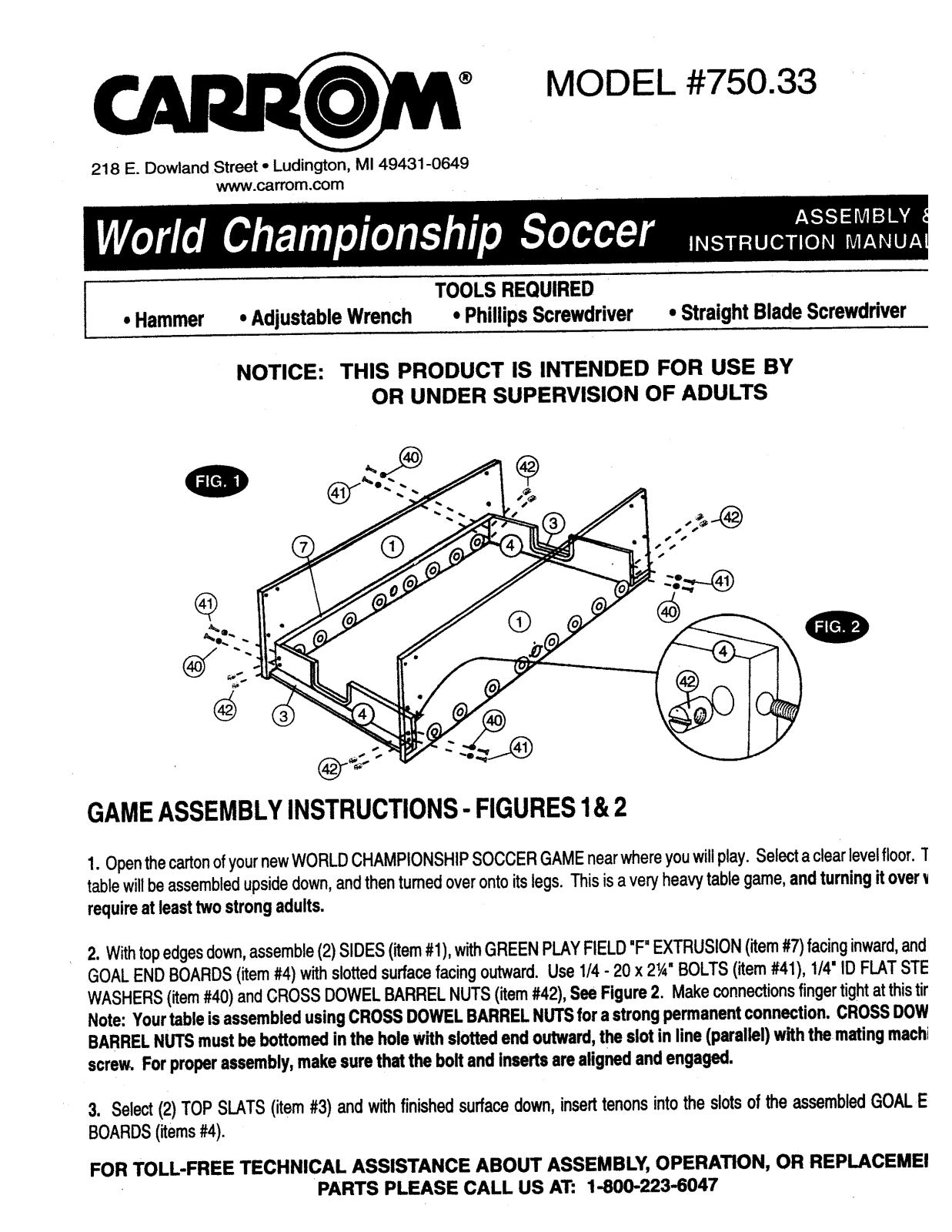 Carrom 750-33, PREMIUM FOOSBALL User Manual