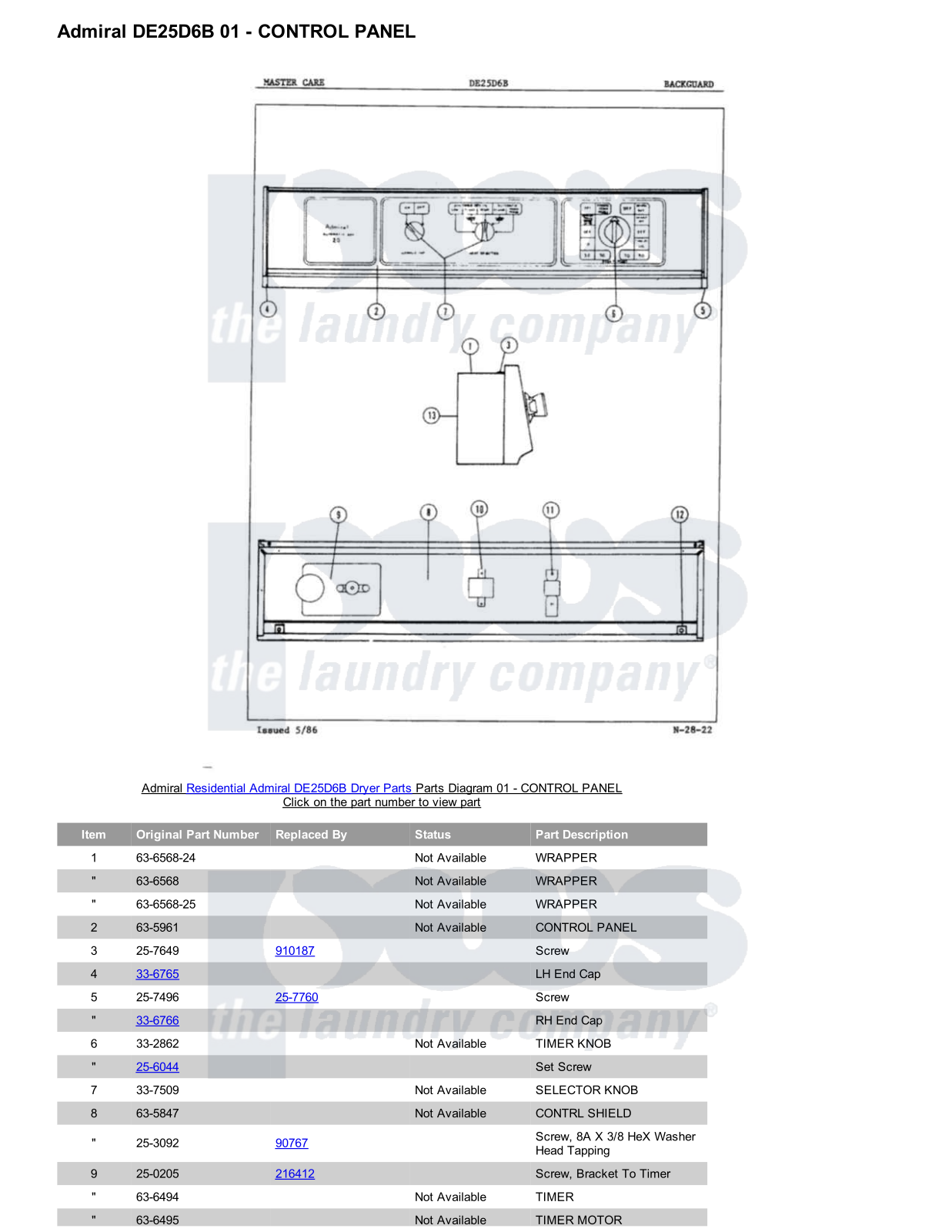 Admiral DE25D6B Parts Diagram