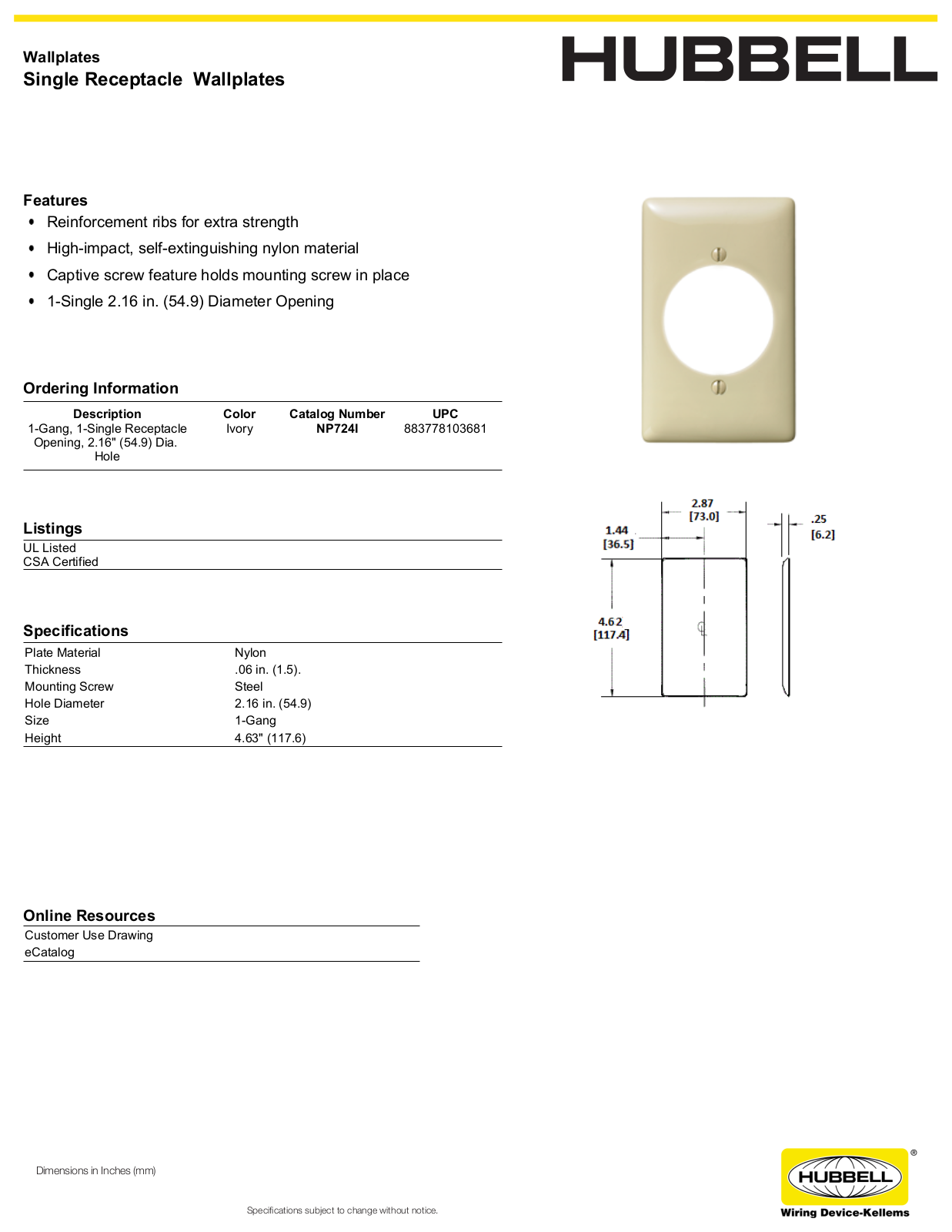 Hubbell NP724I Specifications