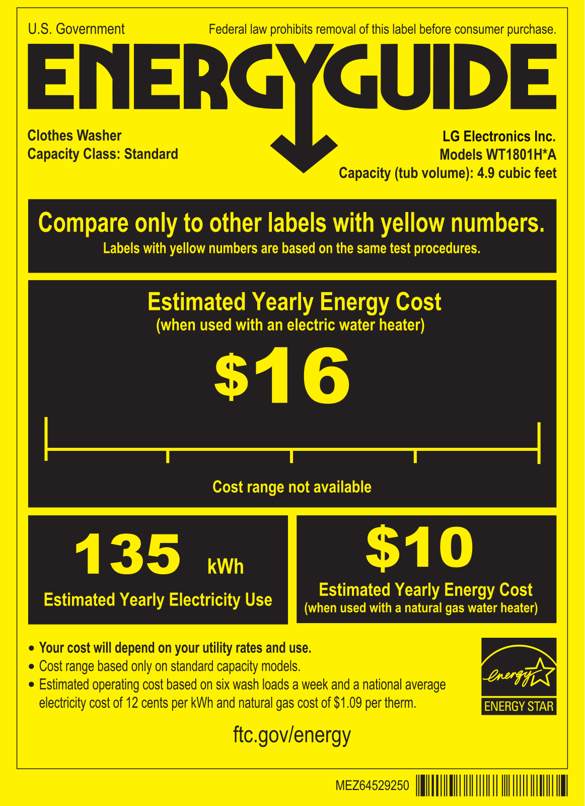 LG WT1801HWA, WT1801HVA Energy Guide