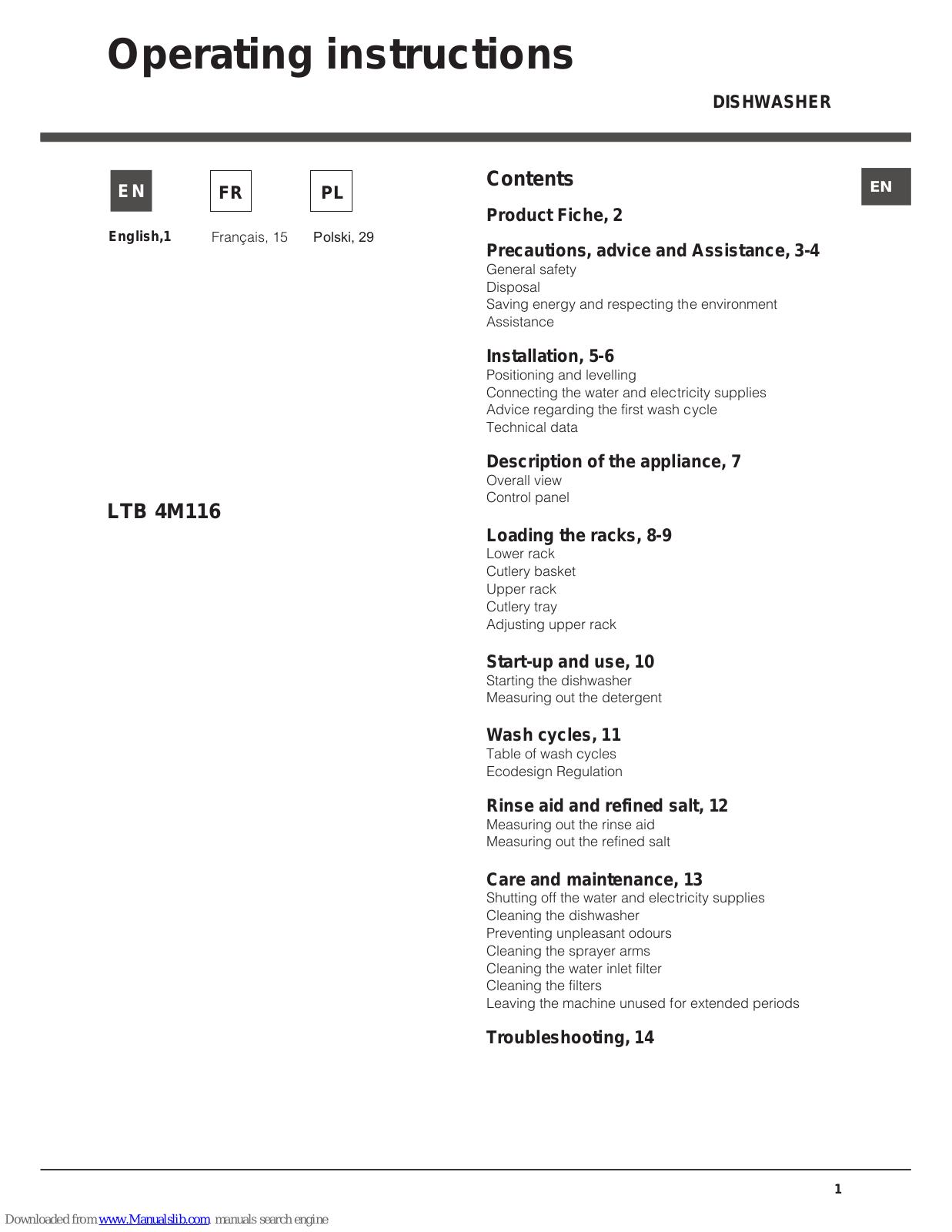 Hotpoint Ariston LTB 4M116 Operating Instructions Manual