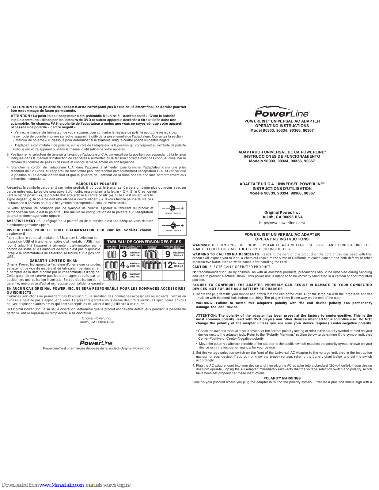Powerline 90333, 90366, 90367, 90334 Operating Instructions Manual - ManualMachine.com