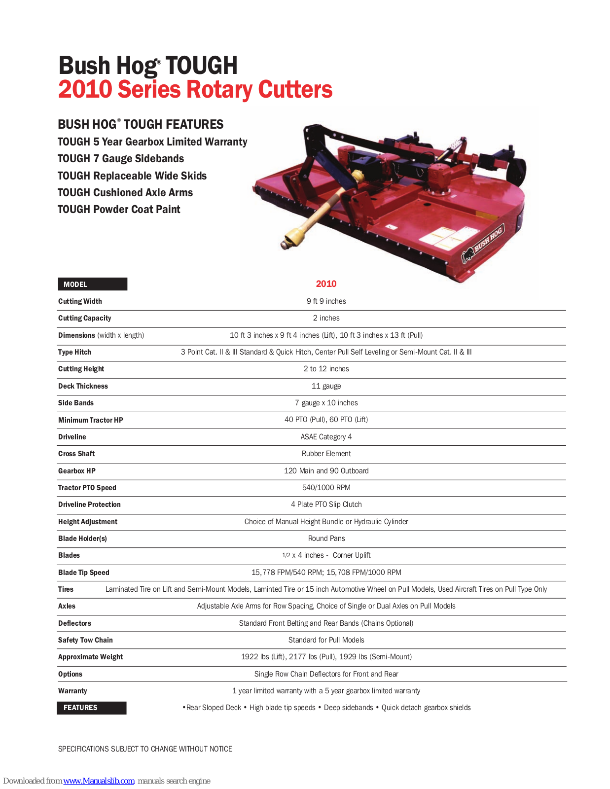 Bush Hog TOUGH 2010 Series Specifications