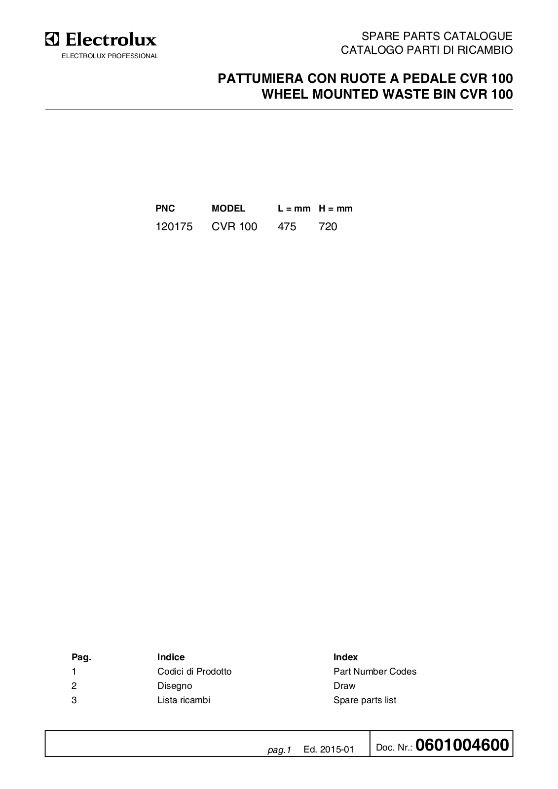 Electrolux Professional CVR100 Parts Manual