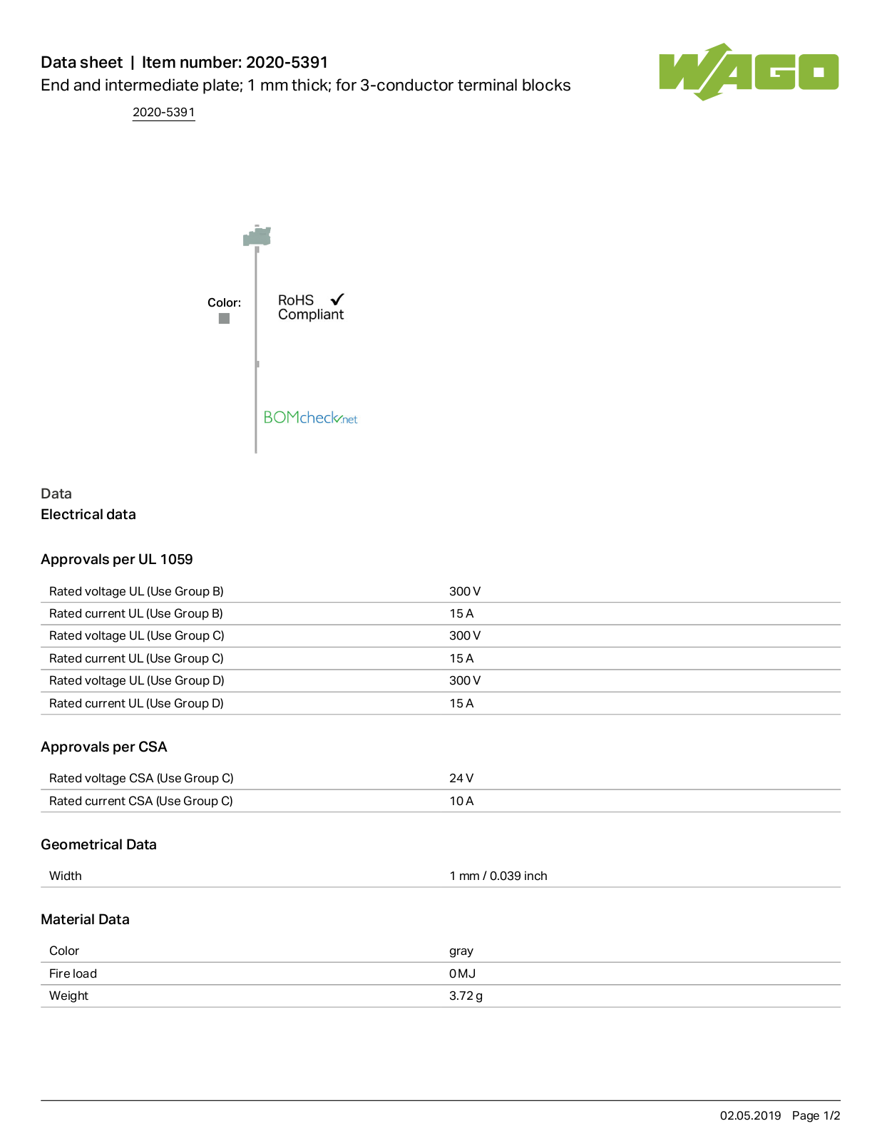 Wago 2020-5391 Data Sheet