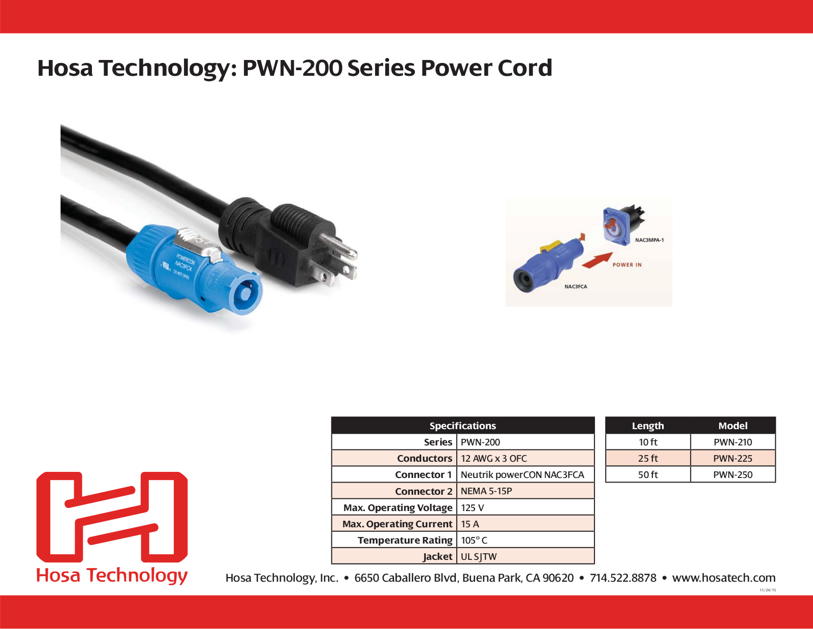 Hosa PWN210, PWN225, PWN250 Specifications