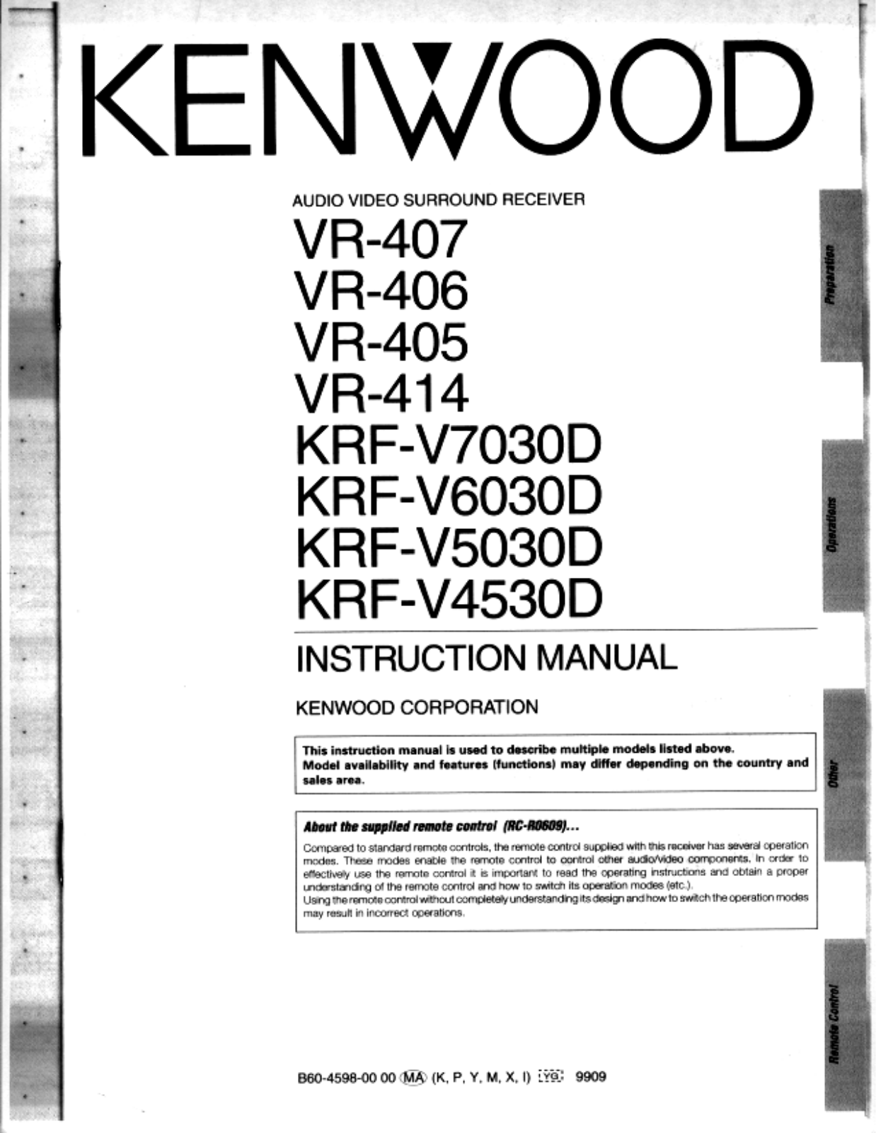 Kenwood VR-407, VR-414, VR-405, KRF-V7030D, KRF-V5030D Owner's Manual