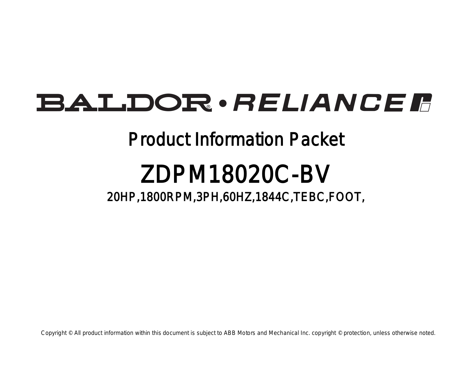 Baldor ZDPM18020C-BV Product Information Sheet