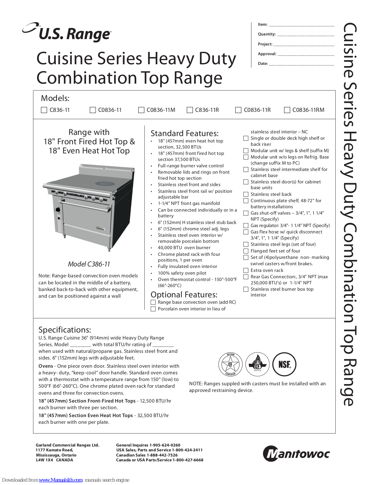 U.S. Range C836-11, C0836-11, C0836-11M, C836-11R, C0836-11R Specifications