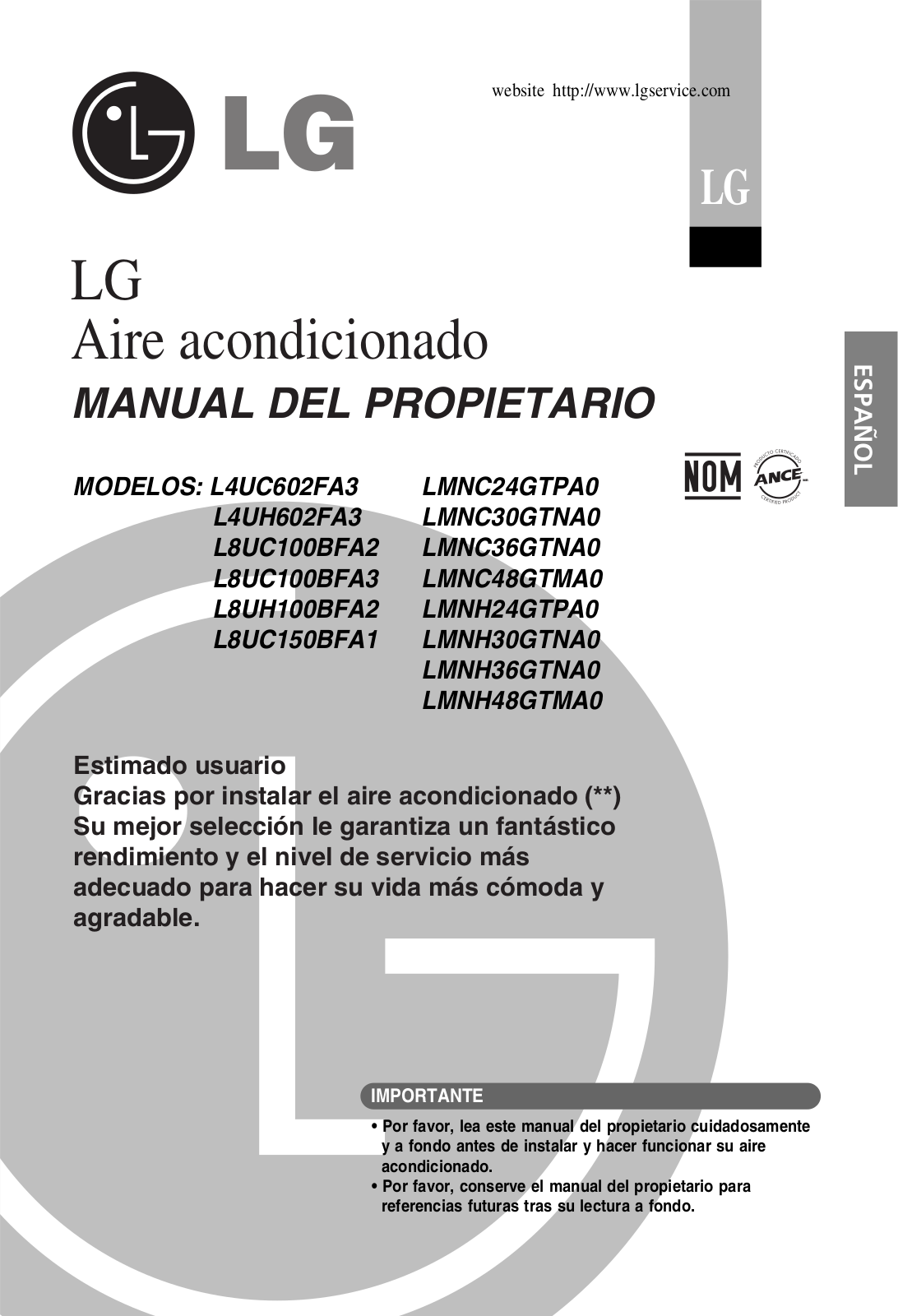 Lg L4UC602FA3, LMNC24GTPA0, L4UH602FA3, LMNC30GTNA0, L8UC100BFA2 user Manual