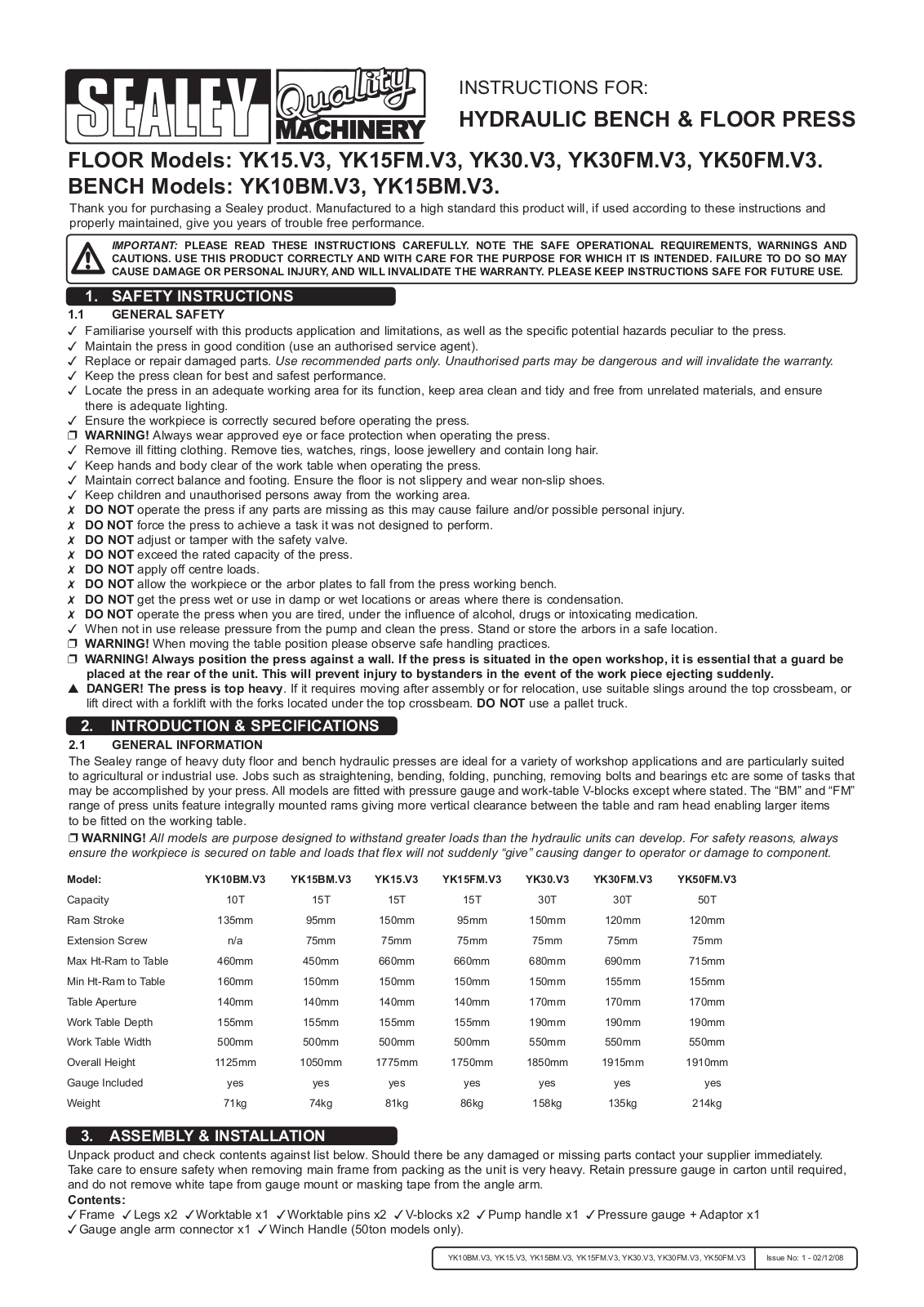 Sealey YK15.V3,YK15FM.V3,YK30.V3,YK30FM.V3,YK50FM.V3,YK15BM.V3,YK10BM.V3 Instructions Manual