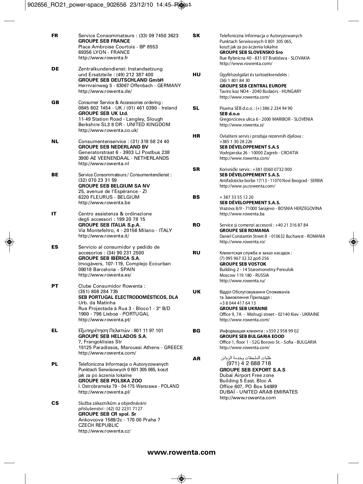 Rowenta RO2123, RO2126, RO2145 User manual