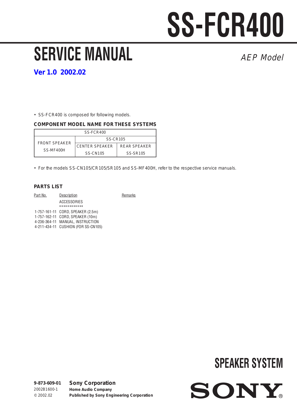 Sony SS-FCR400 Service Manual