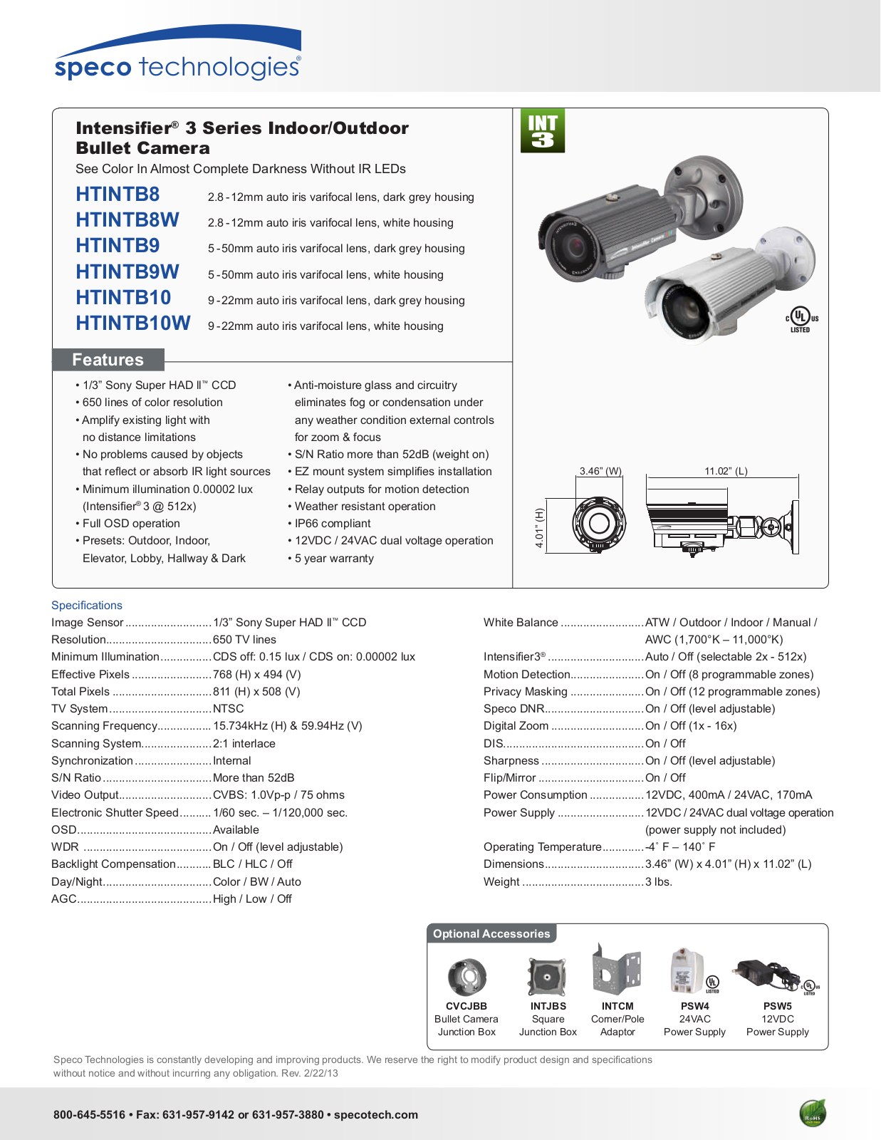 Speco HTINTB9W Specsheet