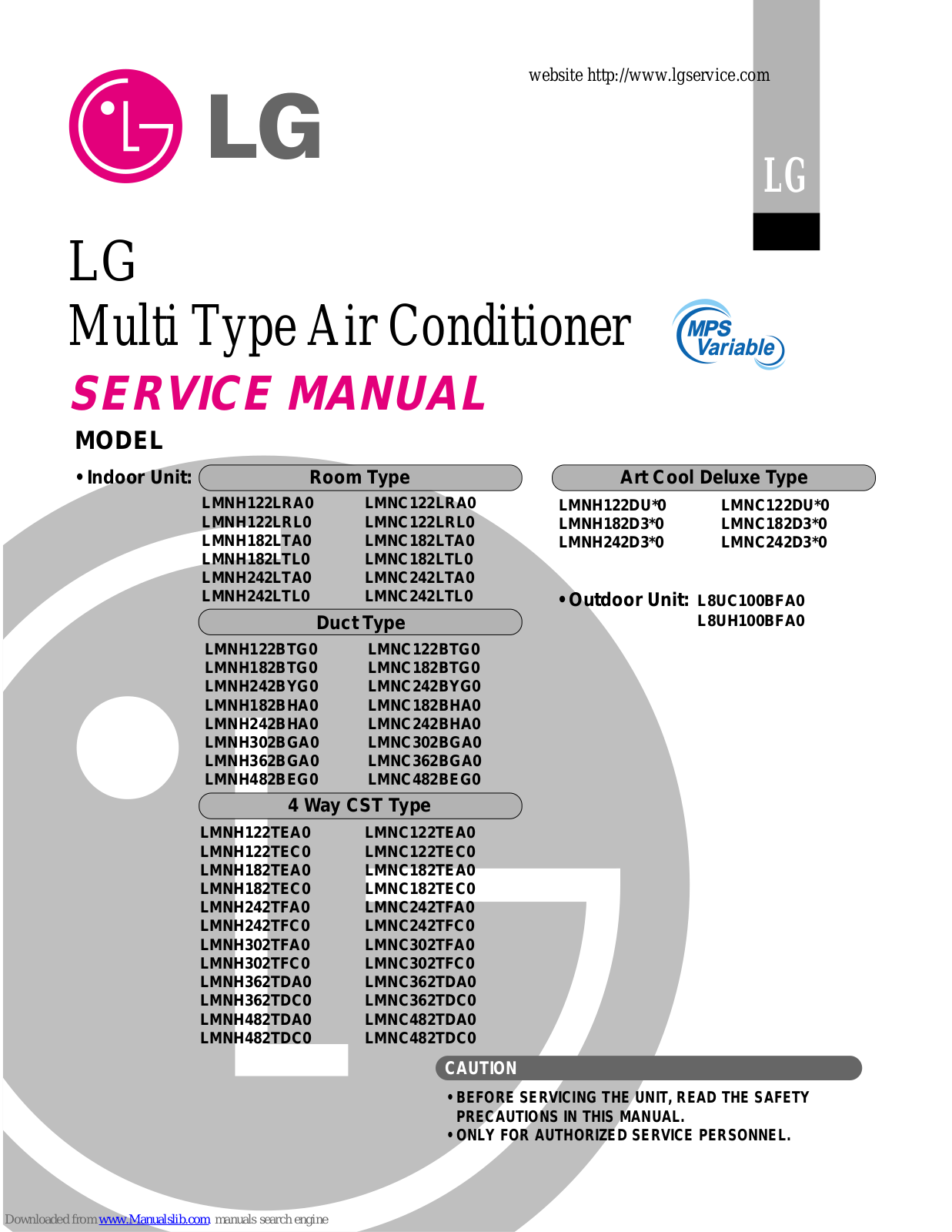 LG LMNH242LTA0, LMNH122LRL0, LMNH182LTA0, LMNH182LTL0, LMNH242LTL0 Service Manual