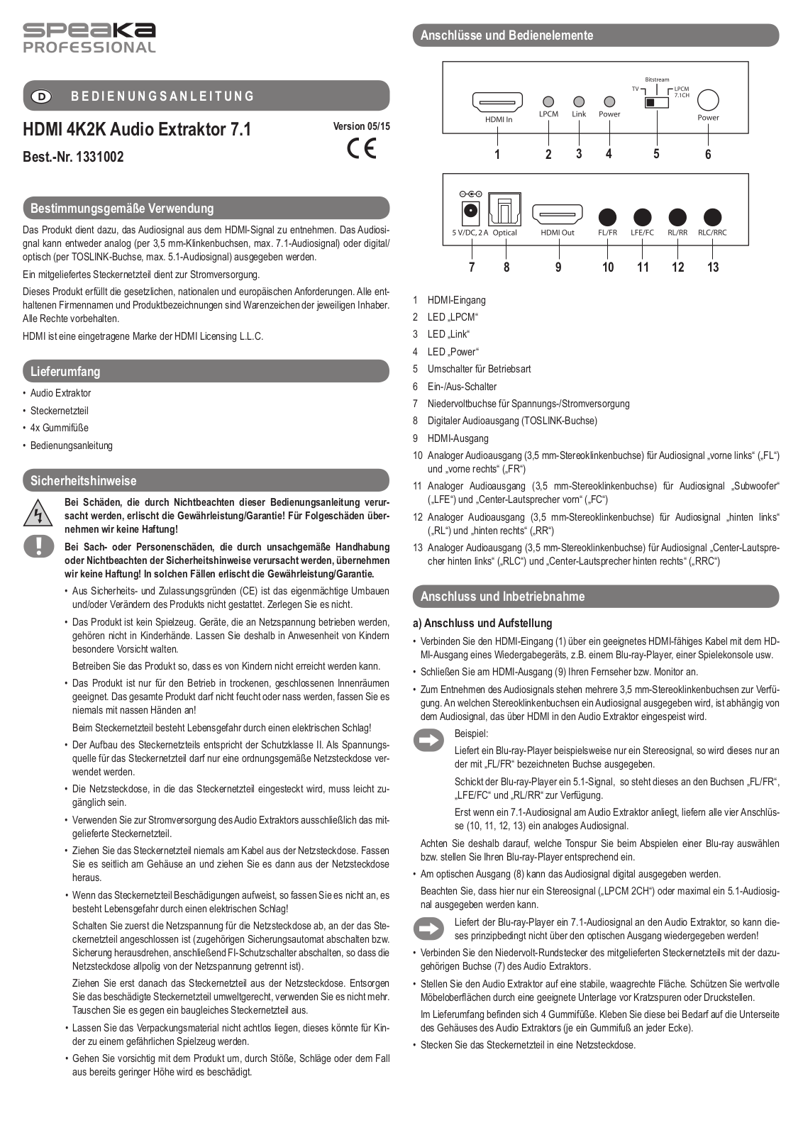 SpeaKa Professional 1331002 Instructions