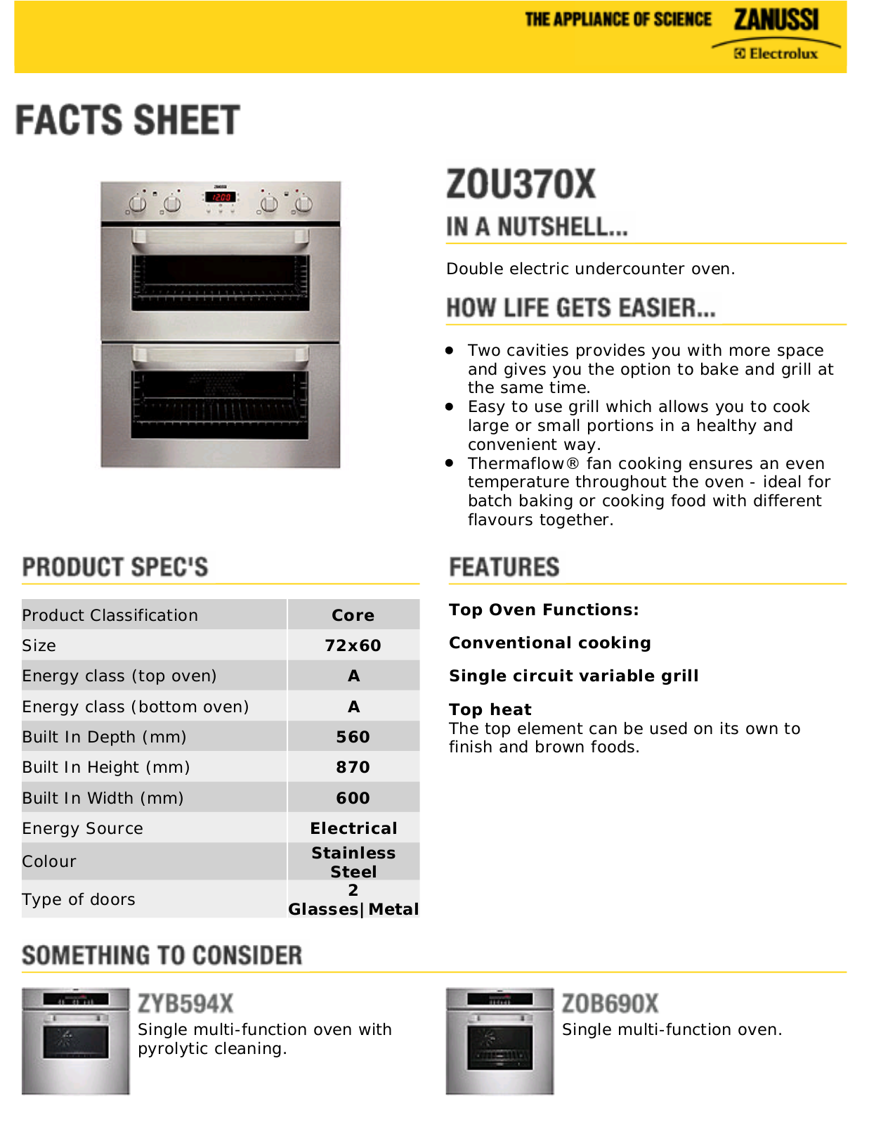 Zanussi ZOU370X facts sheet