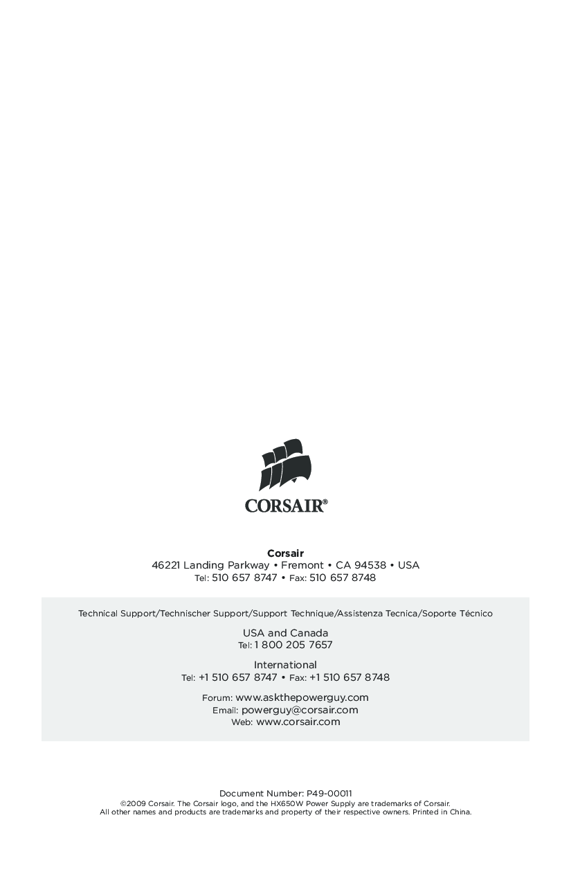 Corsair HX650W, CMPSU-650HX, HX, P49-00011 User Manual