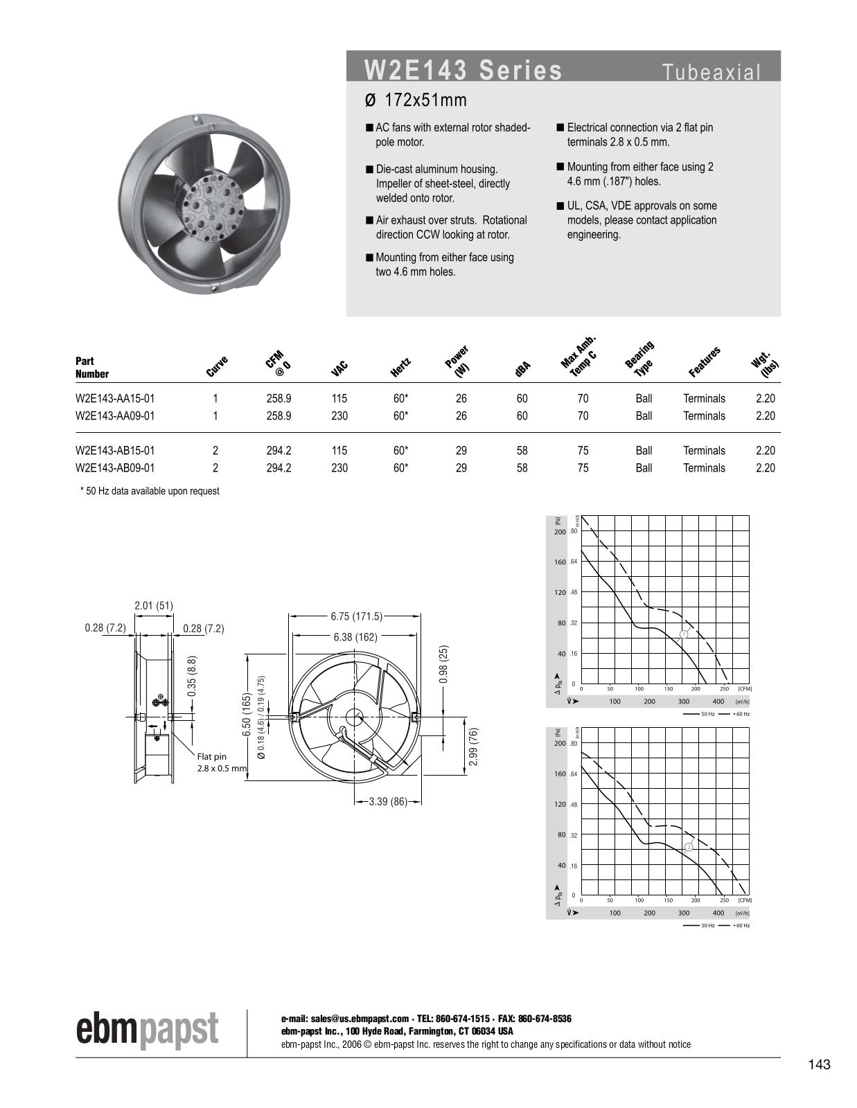 ebm-papst Tubeaxial Series W2E143 Catalog Page