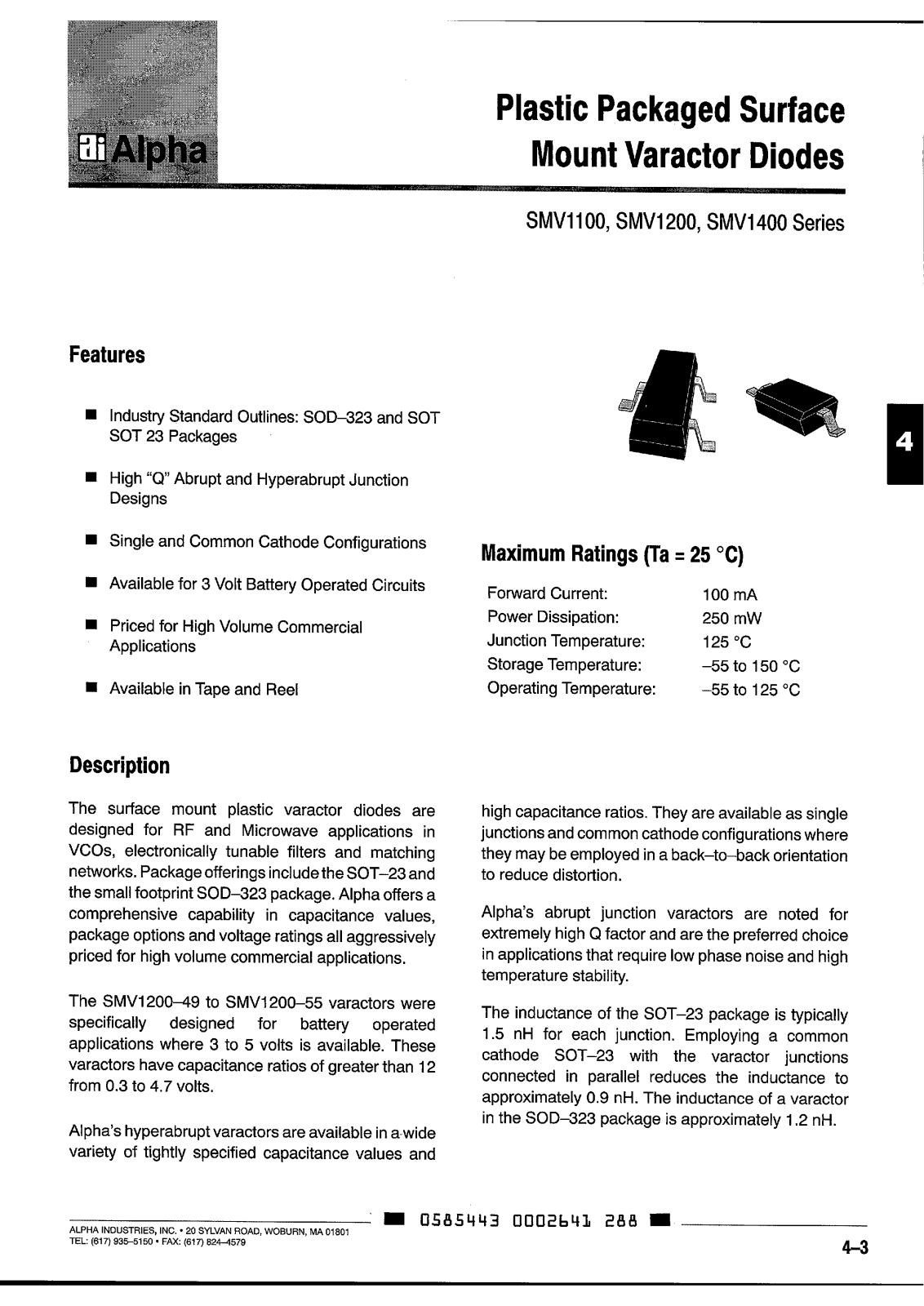 ALPHA SMV1200-04, SMV1200-07, SMV1200-104, SMV1200-107, SMV1200-149 Datasheet