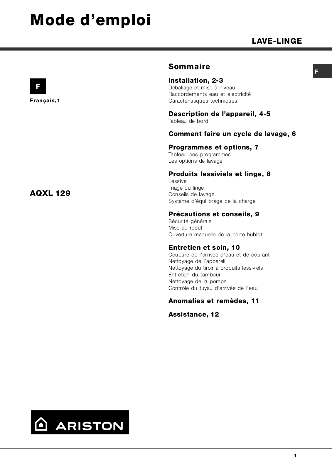 Hotpoint AQXL 129 User Manual